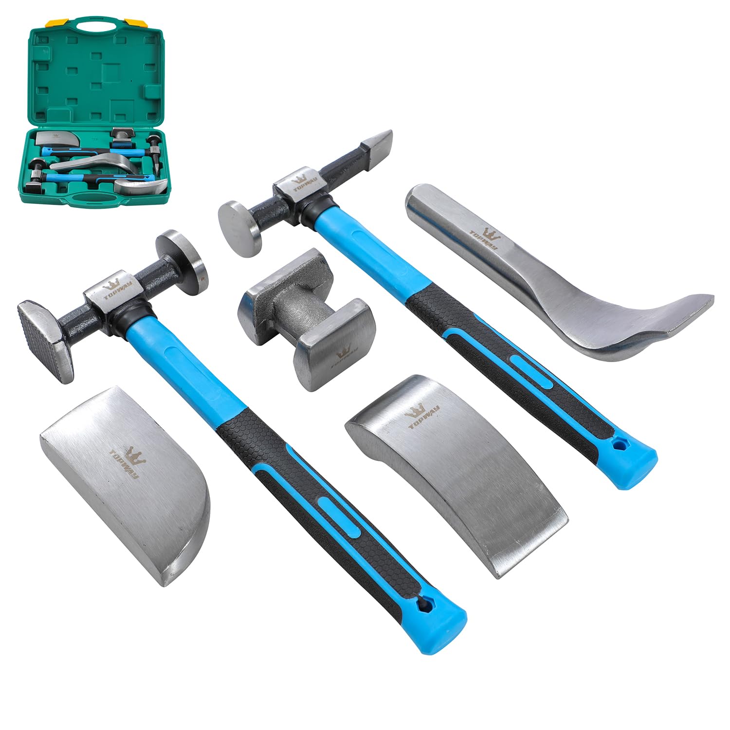 TOPWAY 6-Piece Professional Car Body Panel Dent Repair Tool Set, Fiberglass Handle Beating Hammer, Dollies
