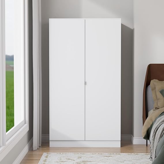 Nera 2 Door Wardrobe with Shelves and Hanging Rail, Storage Solution for Bedroom or Hallway, Wide Large Size Bedroom Storage W 100 x D 48 x H 180 cm (White)