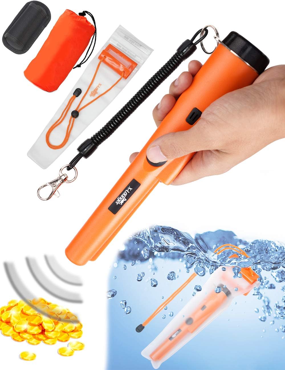 Metal Detector,Portable High Sensitivity Metal Detector 360° Scanning Unearthing Treasure Finder One-Button Gold Hunter Vibration Beep LED Indicator Detector with Woven Holster & Storage Bag