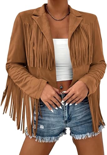 Fringe Jacket Women Faux Suede Leather Jackets Vintage Tassel Cowgirl Coat