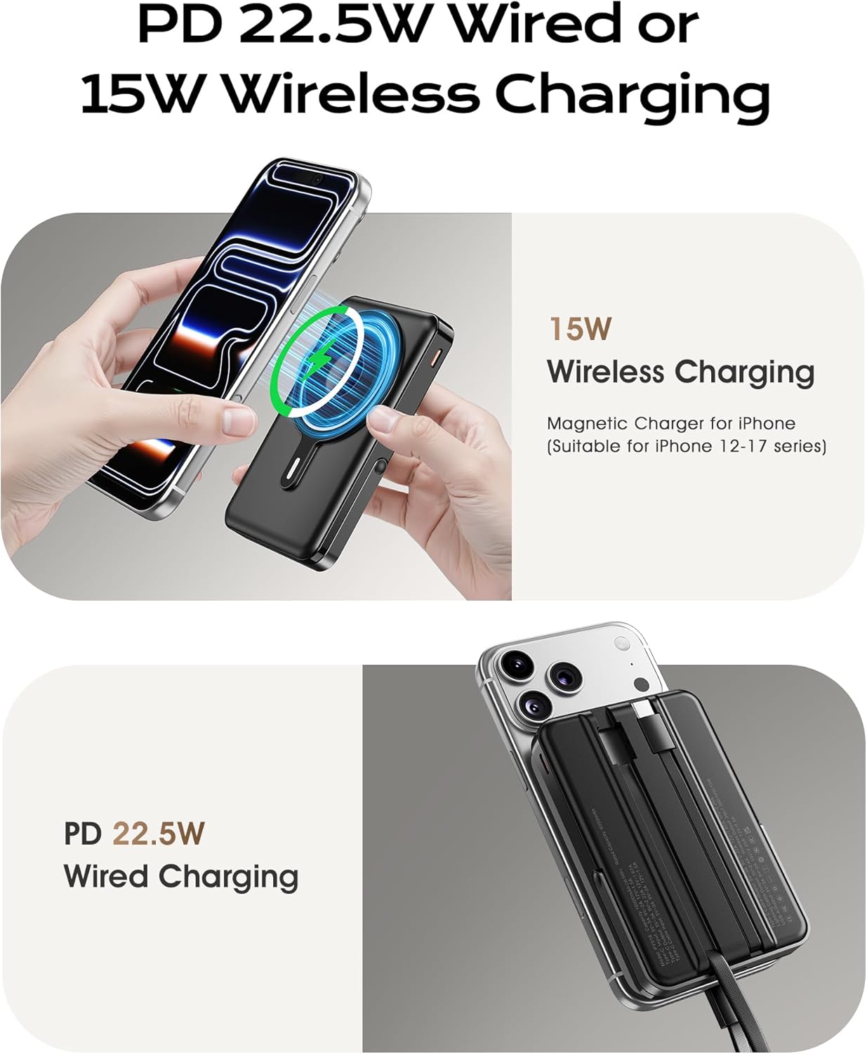 for Magsafe Portable Charger, 10000mAh Magnetic Power Bank with Foldable Stand, PD 22.5W Fast Charging with USB-C Cable, Wireless Portable Charger for iPhone 17/16/15/14/13/12 Series, Black - Image 3