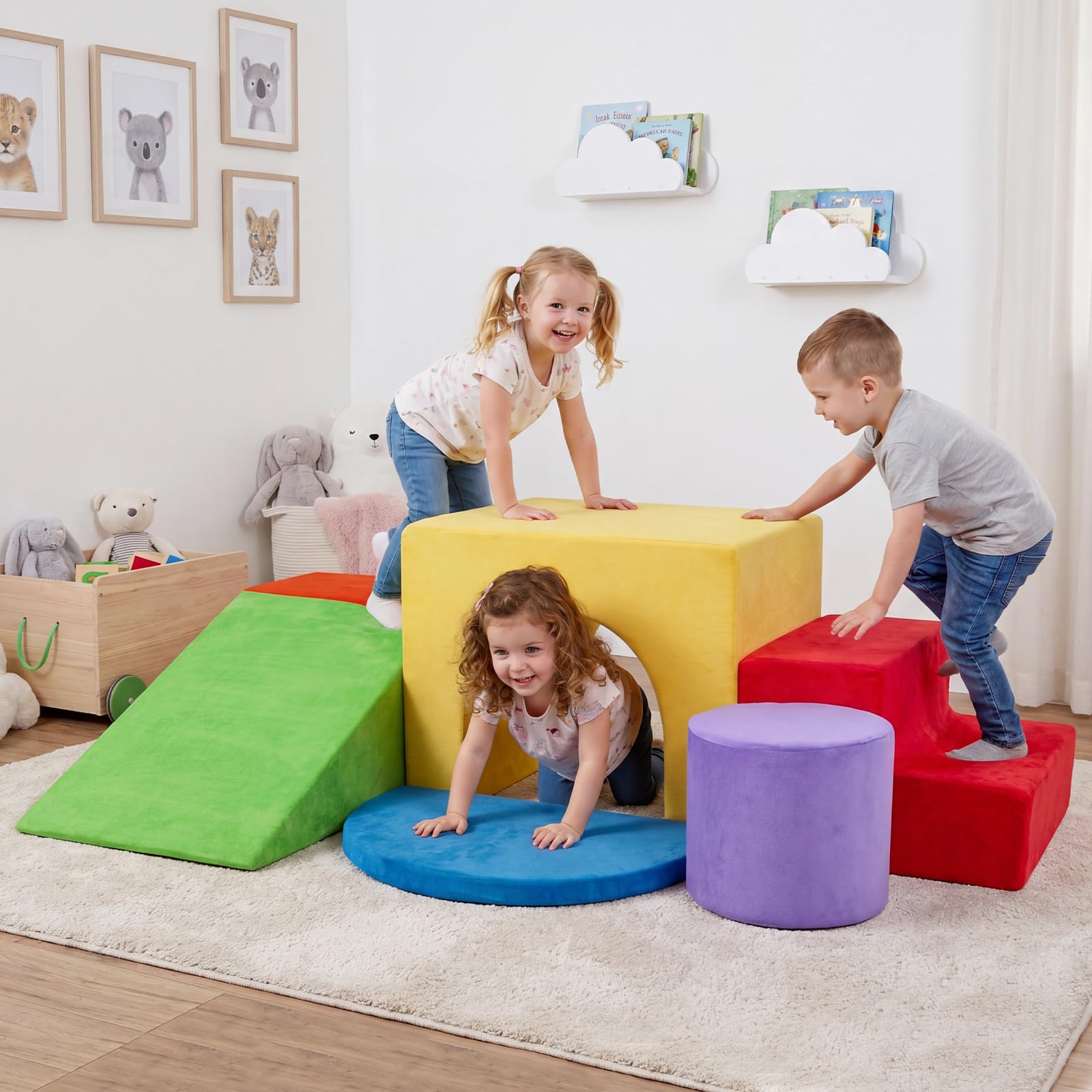 COSTWAY Set di Blocchi in Schiuma per Bambini 3+ Anni, Costruzini Morbide a 6 Pezzi per Mattoncini Sensoriali Componibili, Giochi con Arrampicata, Scivolo e Scala, per Cameretta e Nido (Rosso)