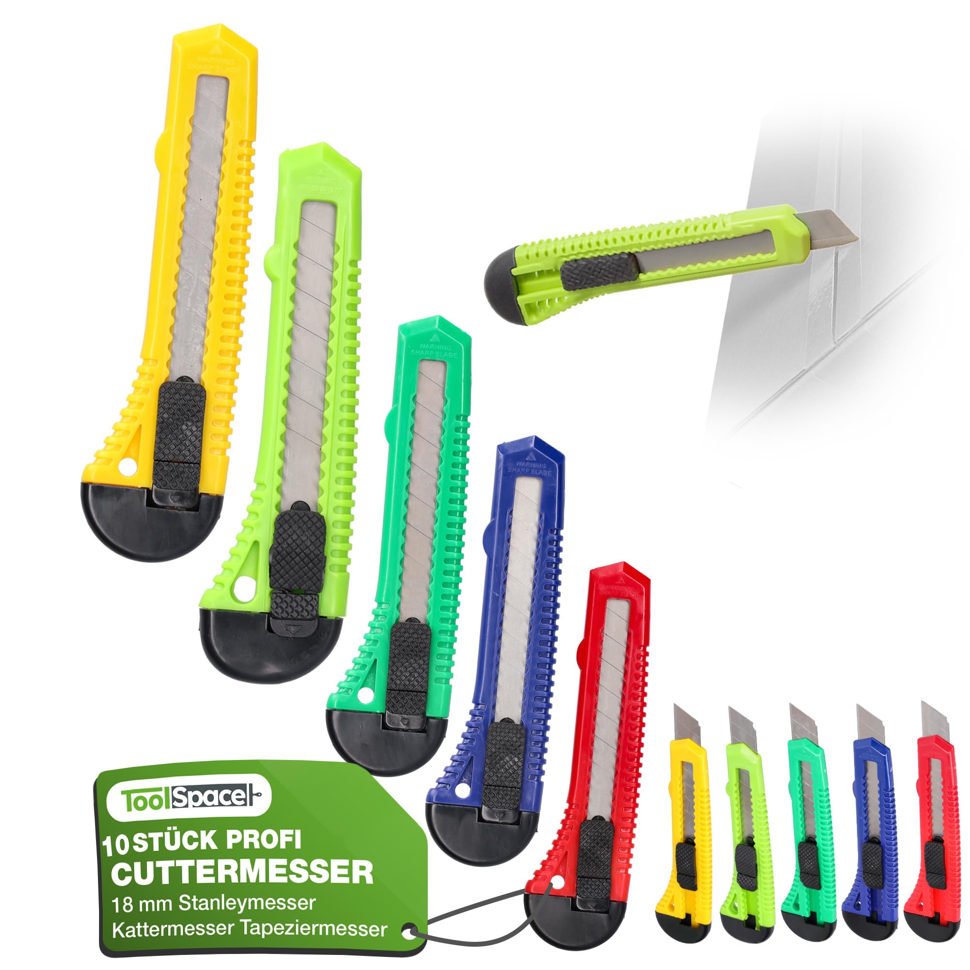 ToolSpace 10 Stück Cuttermesser Set 18 mm 10x Teppichmesser Scharfe Klinge Robustes Profi Cutter Messer Stanleymesser Kattermesser Tapeziermesser Besser als Einweg Stanley Messer mit Abbrechklinge