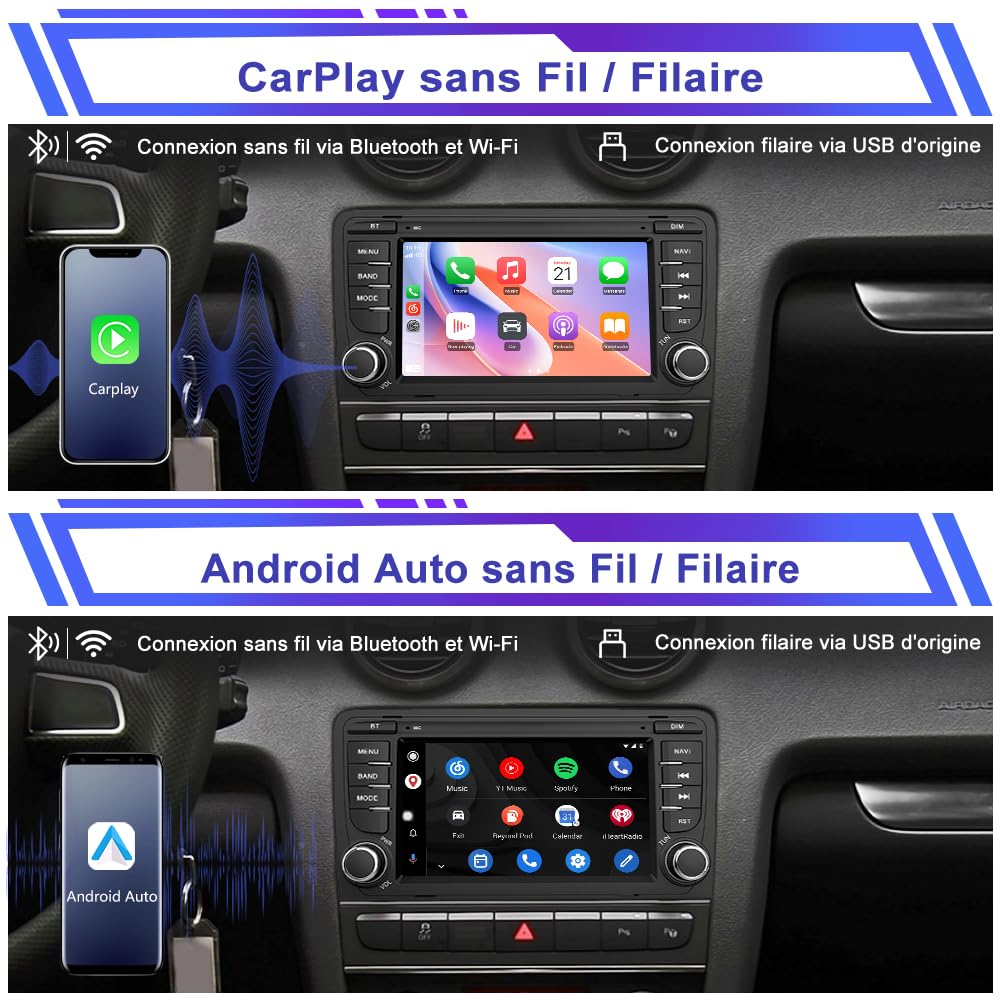 AWESAFE Autoradio Android 15 pour Audi A3 S3 RS3 8P (2003-2012), 2Go+64Go 7 Pouces Écran Tactile,CarPlay & Android Auto, GPS WiFi Bluetooth FM RDS USB Commandes au Volant