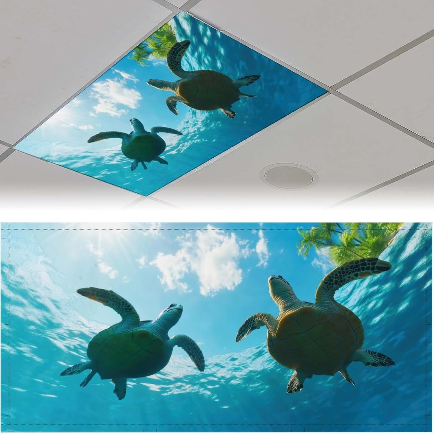 2pcs Sea Turtle Fluorescent Light Covers - Light Covers for Ceiling Lights Classroom, Magnetic Light Filters for Office, Hospitals, Home 4 X 2 Feet