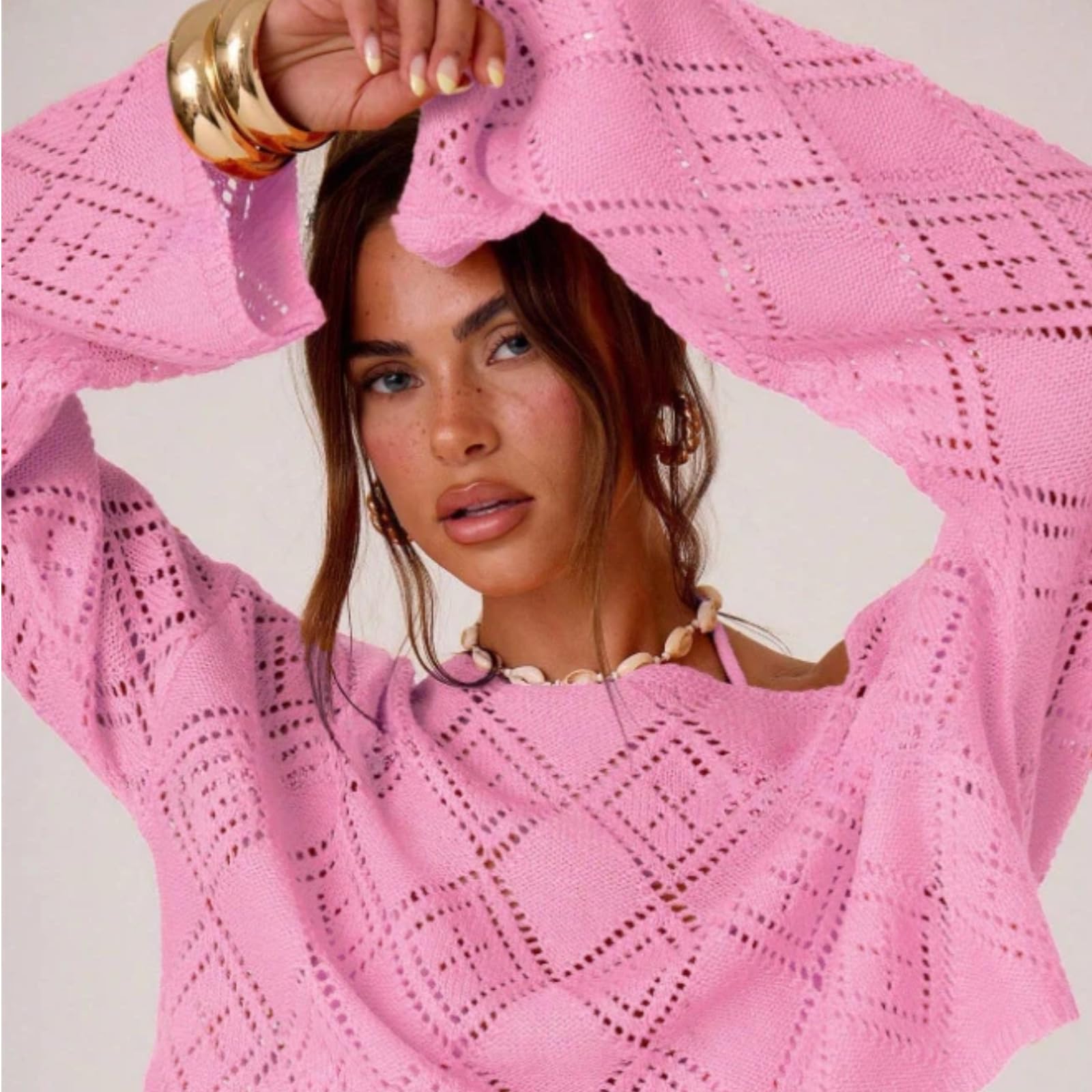 Top Crop tricoté décolleté, Pull Manches Longues ajouré