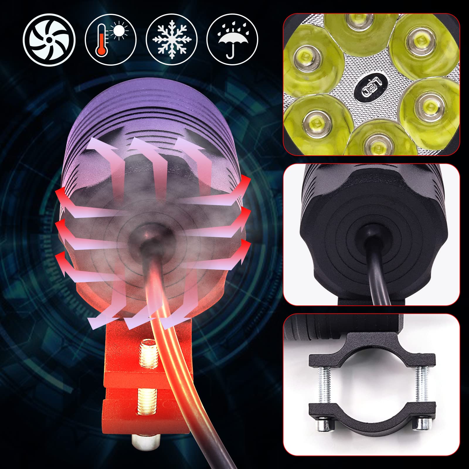 Biqing 2PCS Kit Fari Supplementari per Moto+Cablaggio Interruttore+Lenti Ambra,6x10W Fari Moto Faretto Anteriore 12V/24V Fendinebbia Motos LED Universale Impermeabile 3 Modalità