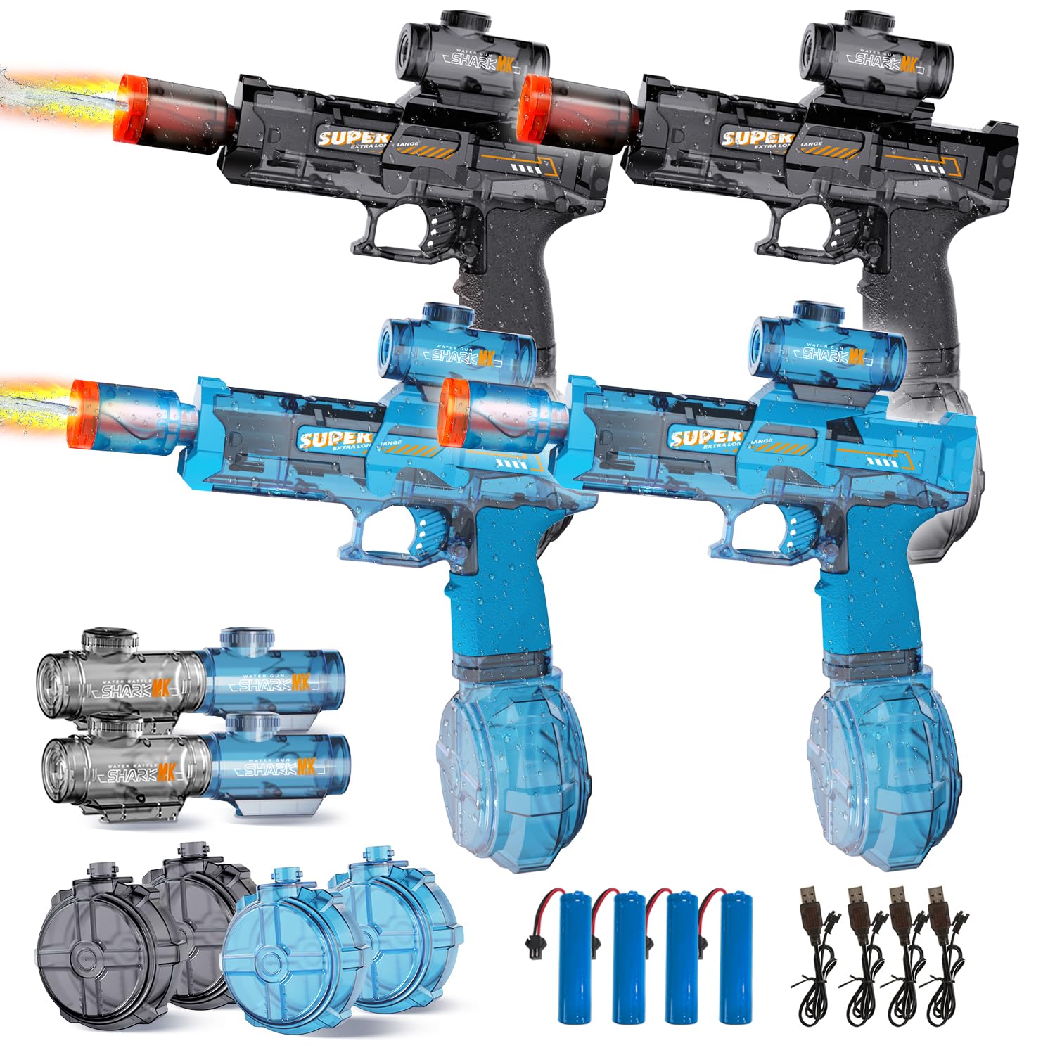 4pcs electric water gun for kids adults, automatic squirt gun pistol with water spray sound and led light, leak-proof rechargeable watergun for summer outdoor pool beach toys for boys (black+blue)