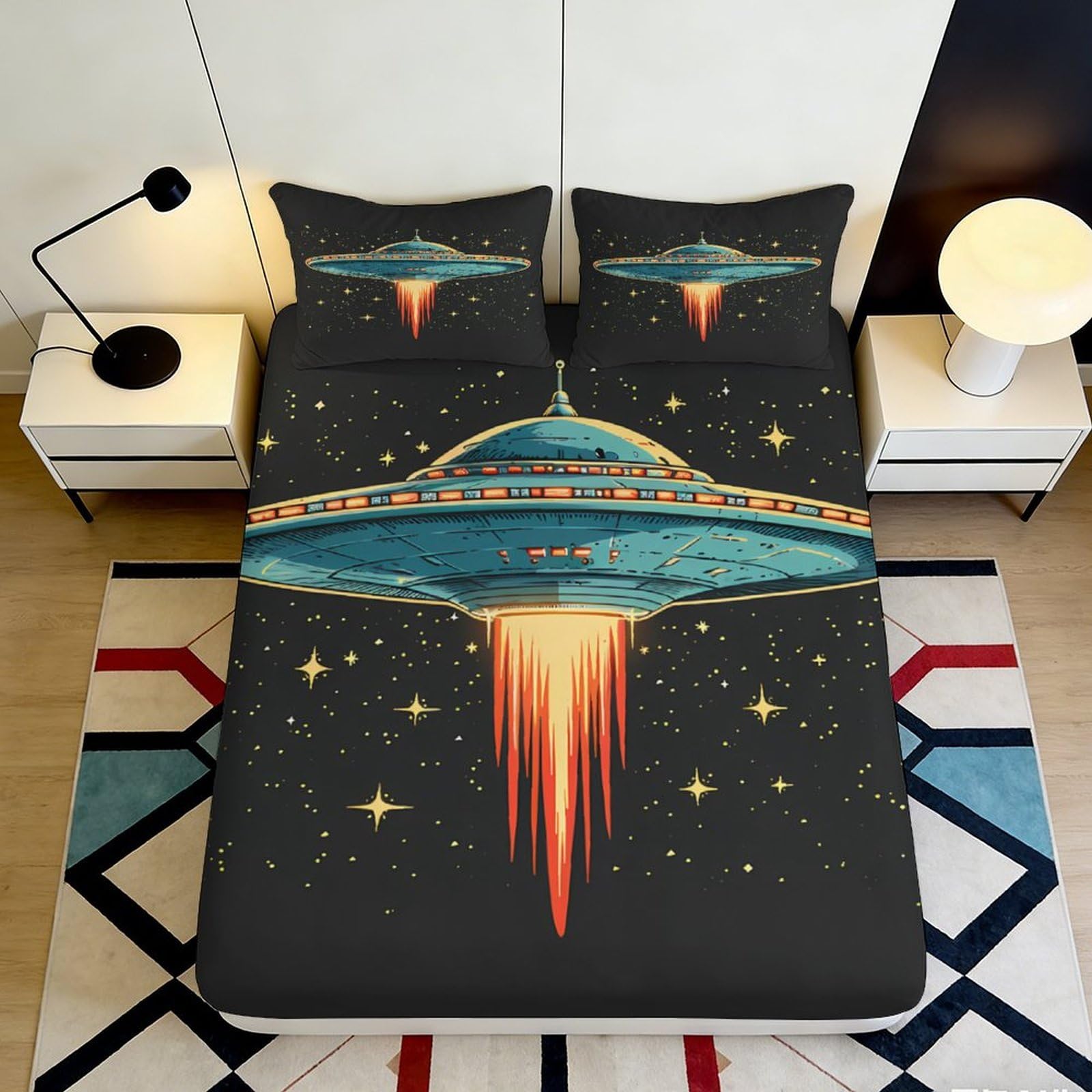 3D Printed UFO Spaceship Fitted Sheet Microfiber Soft Black Starry Sky Mattress Cover for Bedroom Guest Room Decor 90x200x25cm