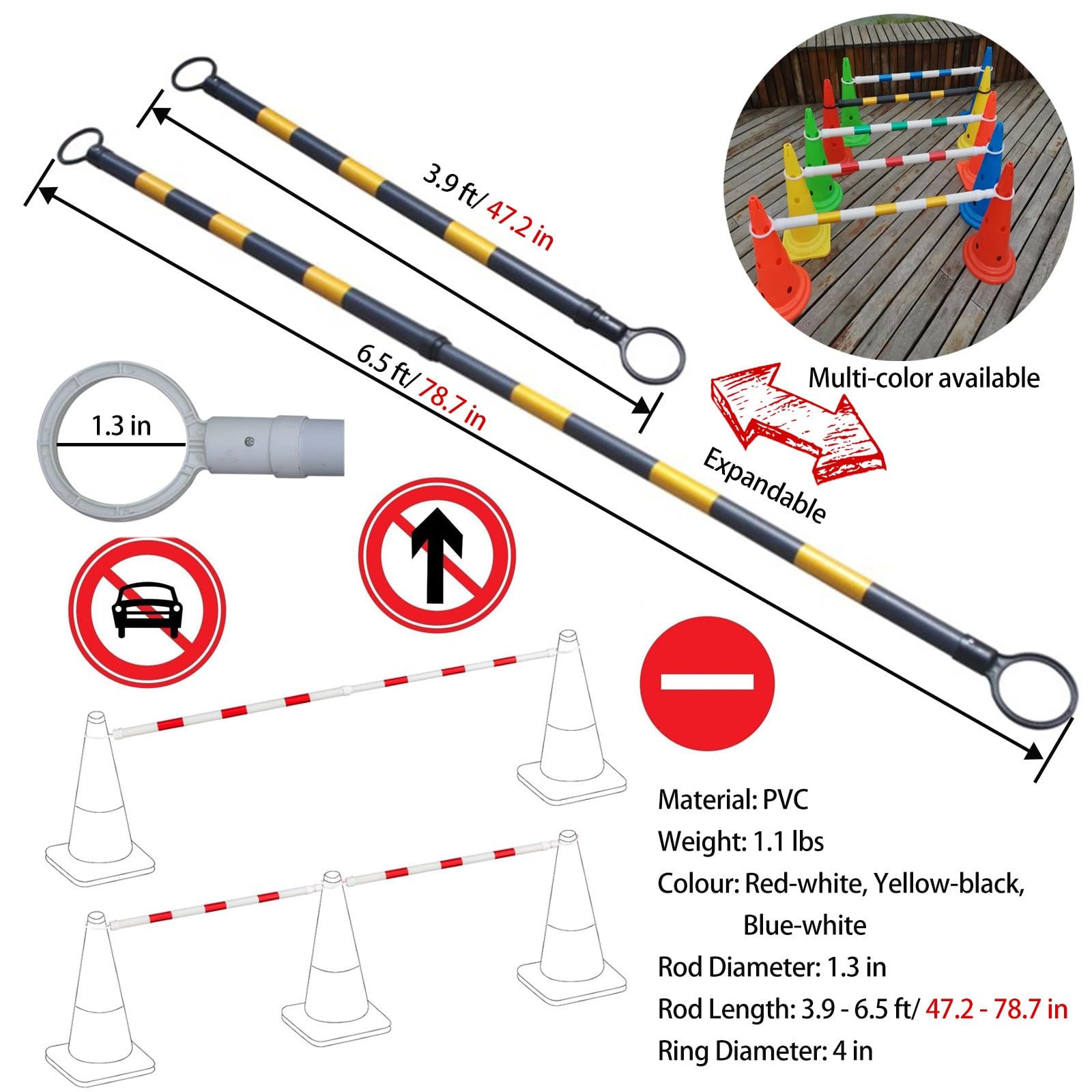 Barres réfléchissantes pour cônes de signalisation - Lot de 6 barrières routières Portables et emboîtables, tiges de Connexion Jaunes et Noires pour Chantiers, améliorent la visibilité et la
