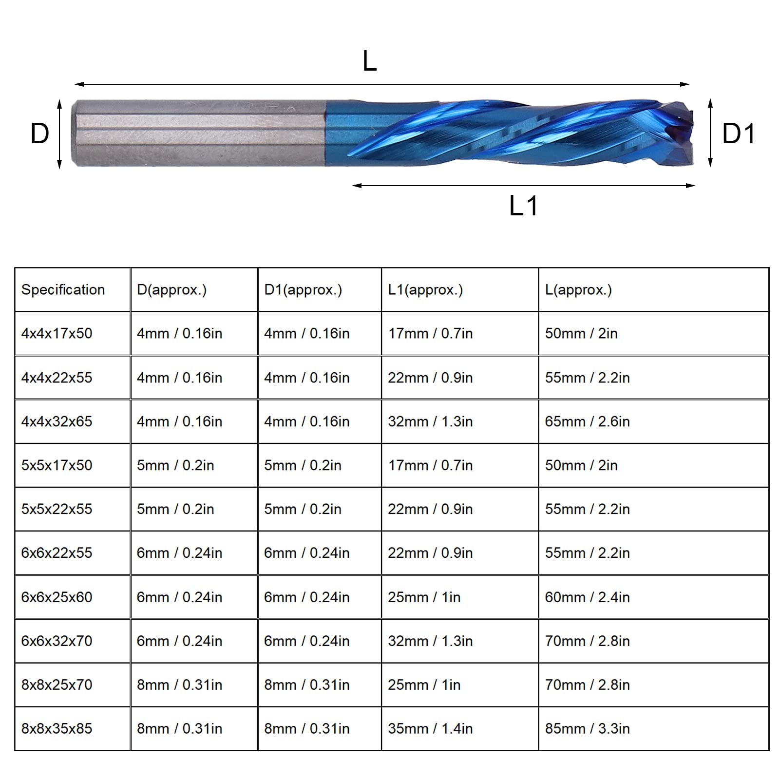Fresa CNC, broca enrutadora en espiral, herramienta de corte y grabado de acero de tungsteno de 3 flautas (8 * 8 * 35 * 85)
