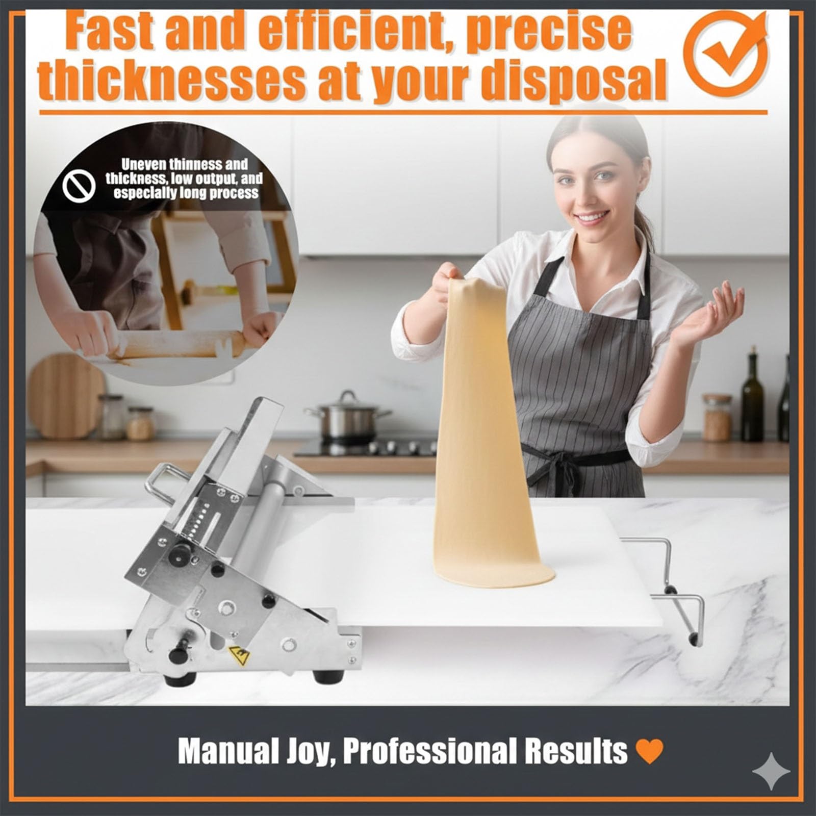 Profi Teigausrollmaschine Manuell, 10 Gänge Einstellbar (0,5mm bis 2,5cm), Faltbarer Teigroller aus Edelstahl für Gastronomie & Hausgebrauch, Platzsparend(B)
