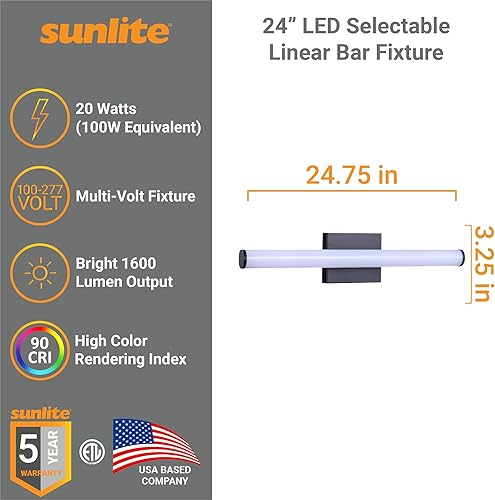 Miniatura 2 de Sunlite 81376 Lámpara de barra LED lineal de 24 pulgadas, 20 vatios (100 W  ), 100-277 V, 1600 lúmenes, seleccionable en color 30K40K50K, 90 CRI,