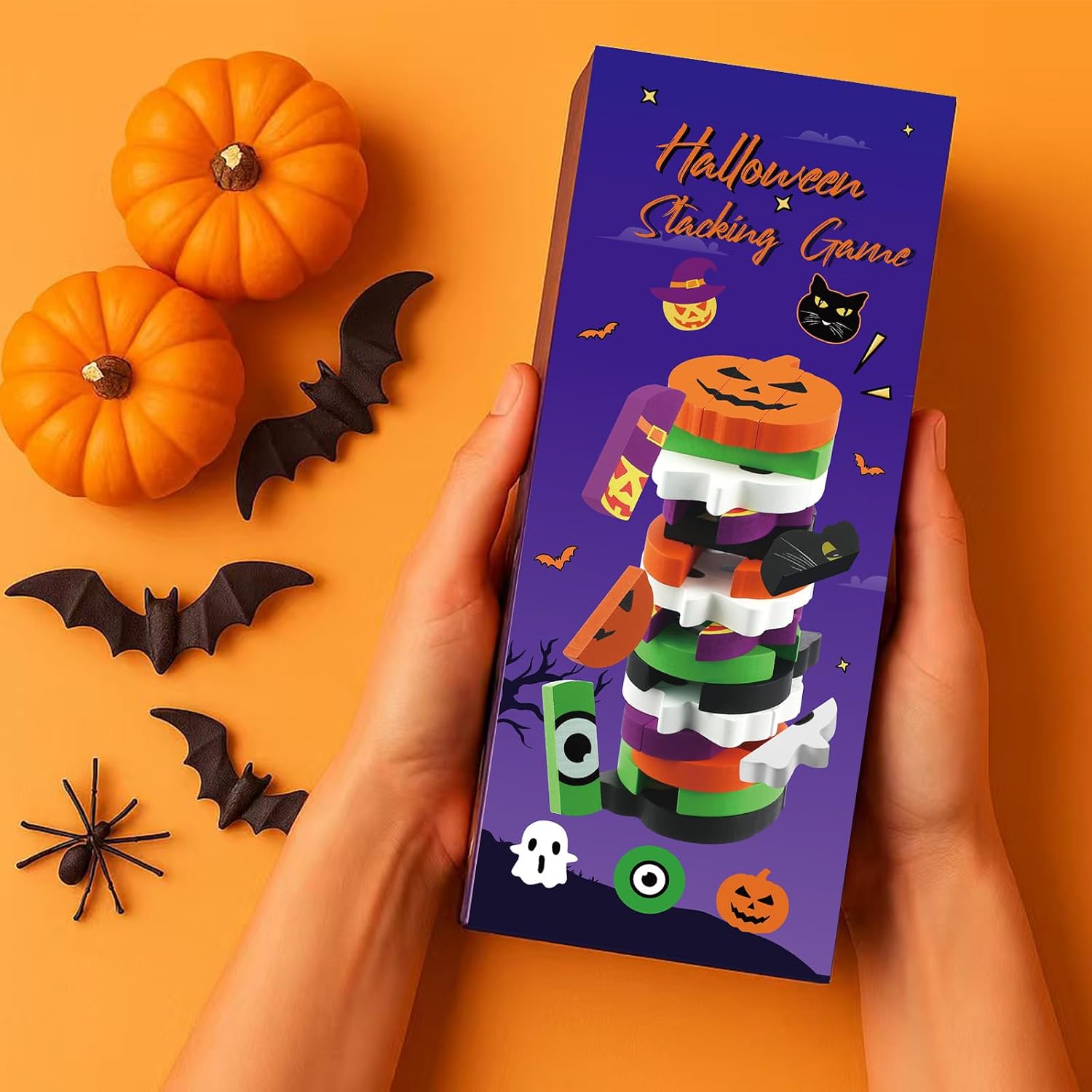 Halloween-Themed Wooden Block Stacking, The Joy of Family and Party, Halloween Party Gothic-Style Birthday Gifts (Pumpkin)
