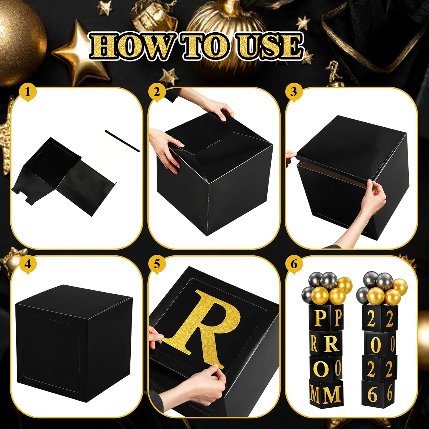 Skylety Prom 2026 Decorations Kit Black and Gold Graduation Party Supplies 8 Prom Column Boxes 20 Metallic Balloons 2 Crown Cards for Senior Night Congrat Grad Backdrop