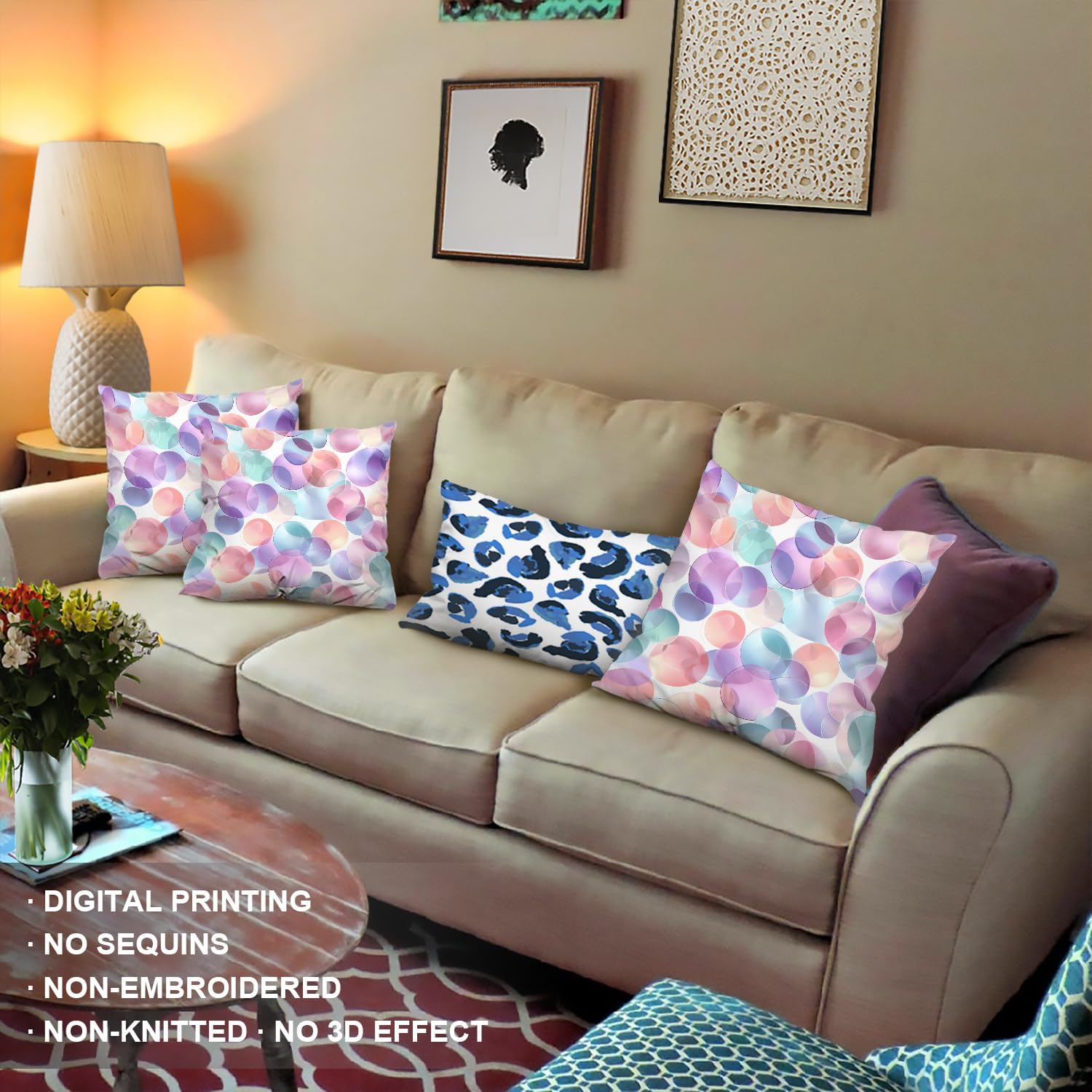 Shrahala Dreamy Pastel Aesthetic Decorative Throw Pillow Cover, Translucent Circles Airy Square Pillowcase Blended Double-Sided No Inserts for Bedroom Living Room Set of 2 (20 x 20 in)