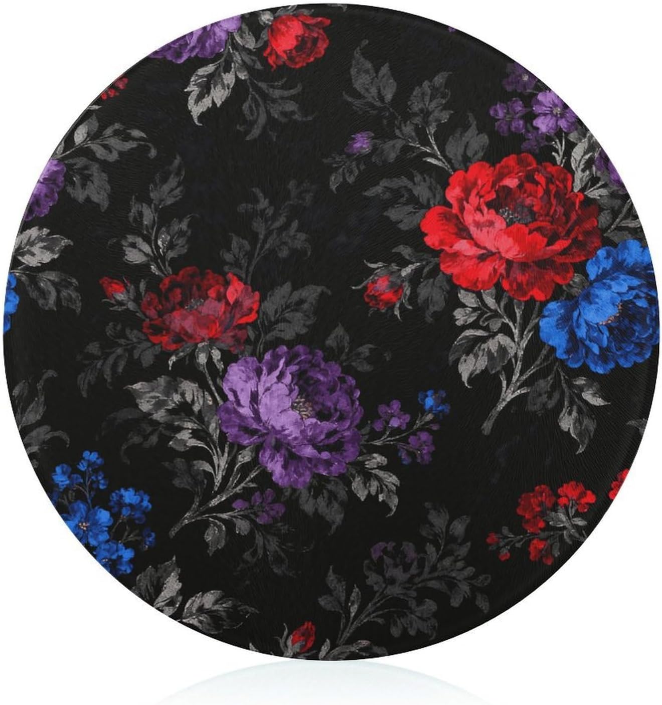 Floral Black Chopping Block Tempered Glass Cutting Board Mats Round Countertop Cutting Boards Sturdy Charcuterie Boards for Bar Cheese Board Snack Tray