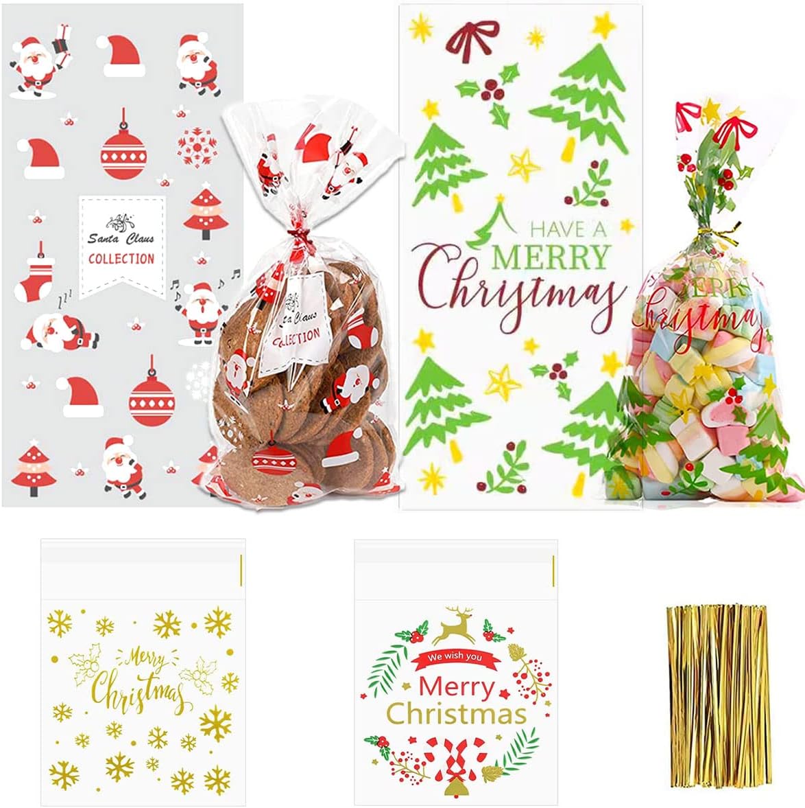 160 Sacchetti Cellophane Natalizi DULEFUN Con 160 Fascette: 8 Design Con Babbo Natale, Pupazzo Di Neve E Renna. Perfetti Per Caramelle, Biscotti E Piccoli Regali (12.5x27 Cm).