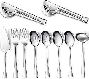 Patelai Serving Utensils Set Include Stainless Steel Large Spoons Slotted Spoons Forks Tongs Soup Ladle and Pie Server for Parties Buffet Catering, Dishwasher Safe(Silver,10 Pieces)