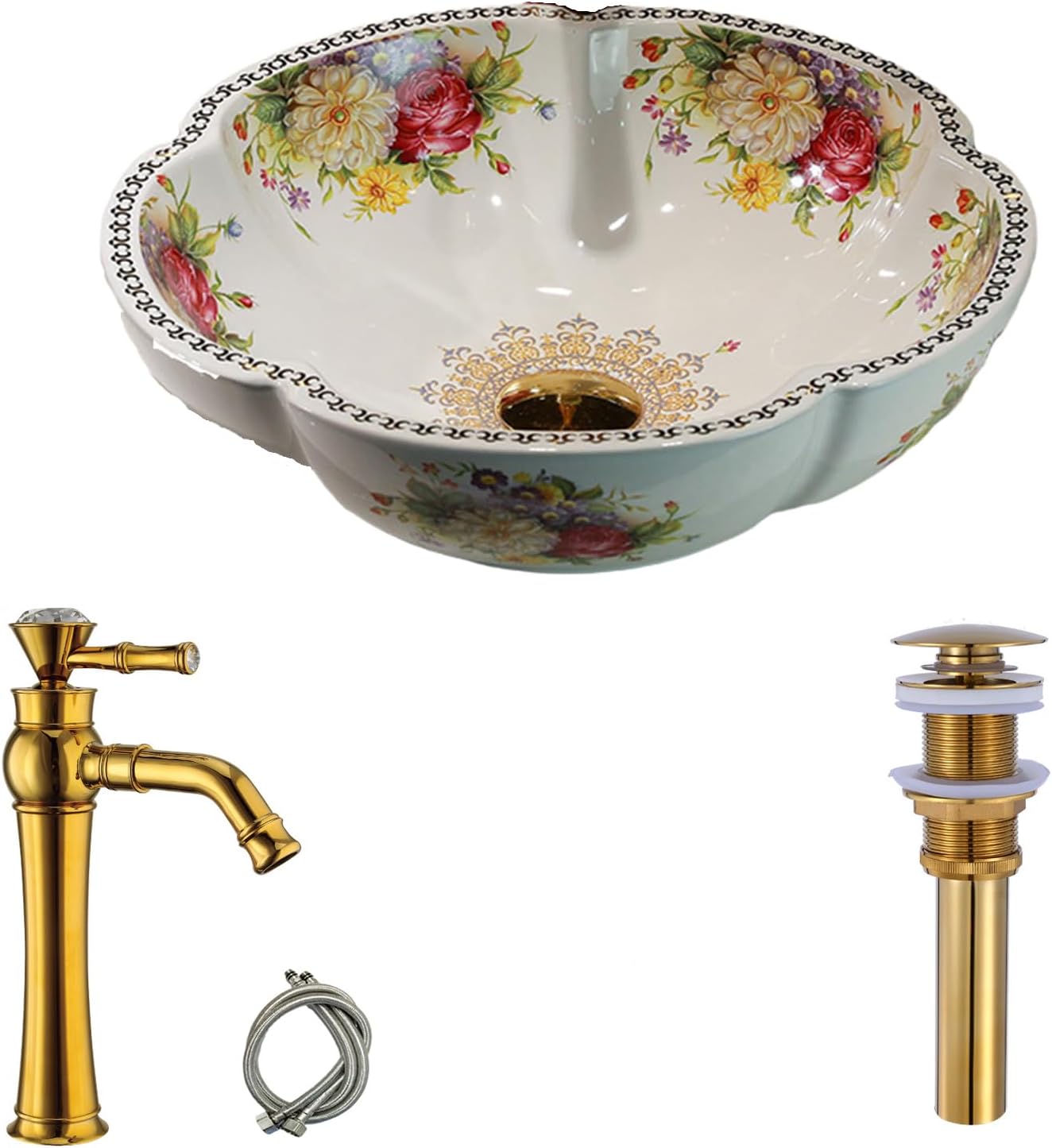 White Peony Flower Bathroom Vessel Sink with Gold Faucet and Drain Combo for Vanity Top