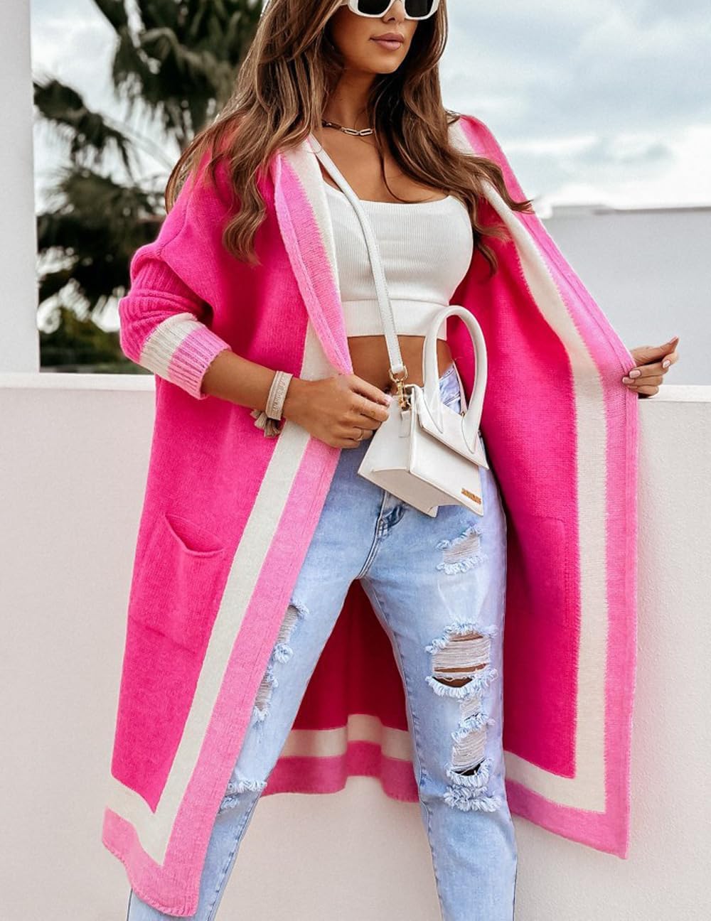 yoeasy Women's Color Block Striped Hooded Knit Long Cardigan Sweaters Oversized Open Front Long Sleeve Outwear Coat - Image 2