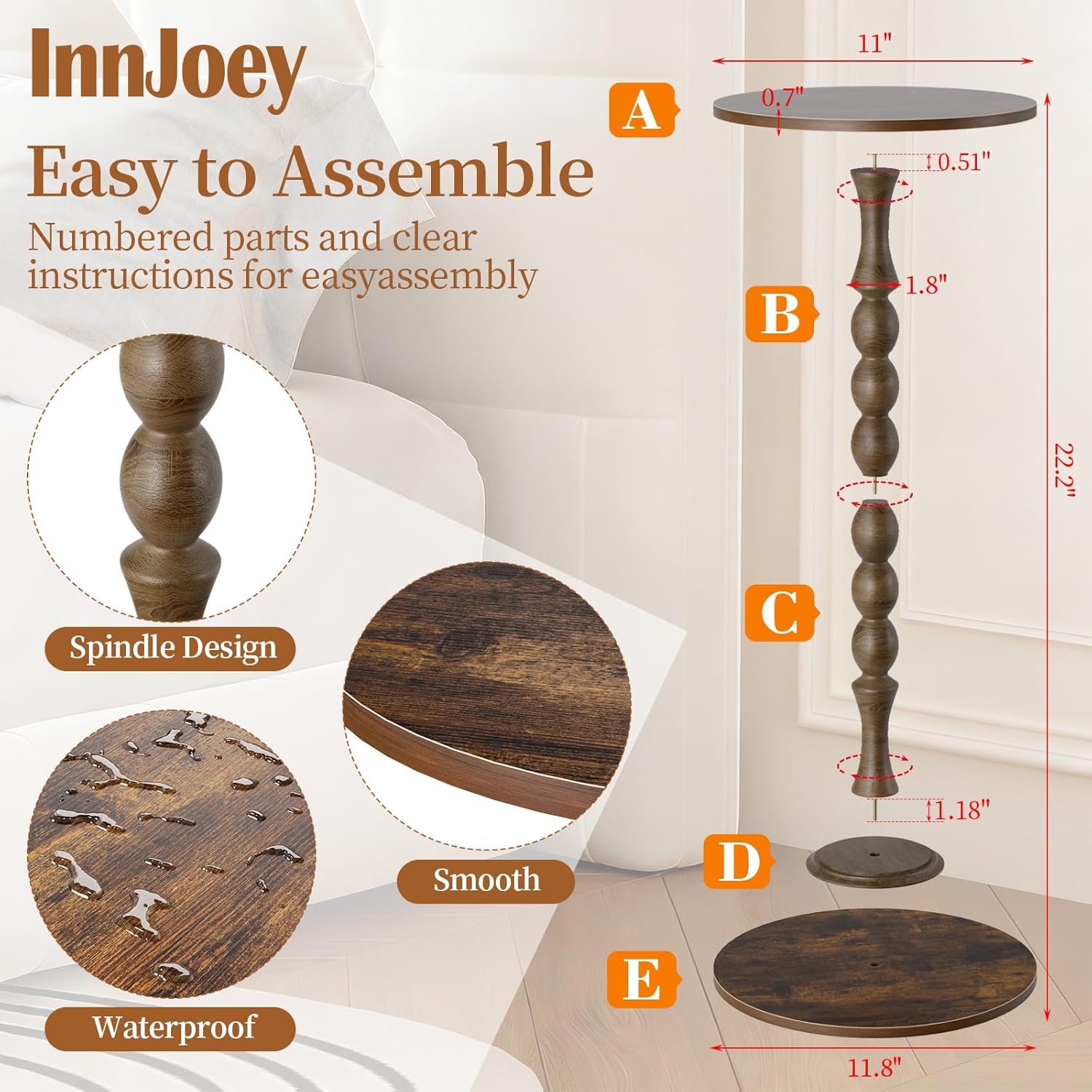 Side Table - Round Side Table, Small End Table, Luxury Living Room Side Tables for Small Spaces for Living Room, Bedroom, Bathroom, Corners and Office, Rustic Brown