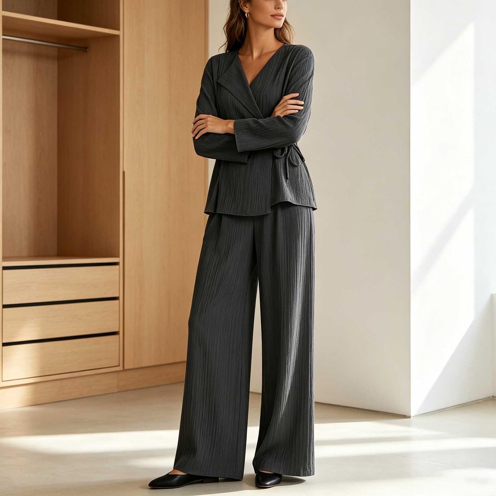 Co Ord Set da donna Primavera Autunno Tie Front Lounge Wear Set Plus Size Casual Allentato 2 Pezzi Abiti per il Tempo Libero Manica Lunga Warp T-shirt Gamba Larga Pantaloni Lunghi Vestito Da Viaggio