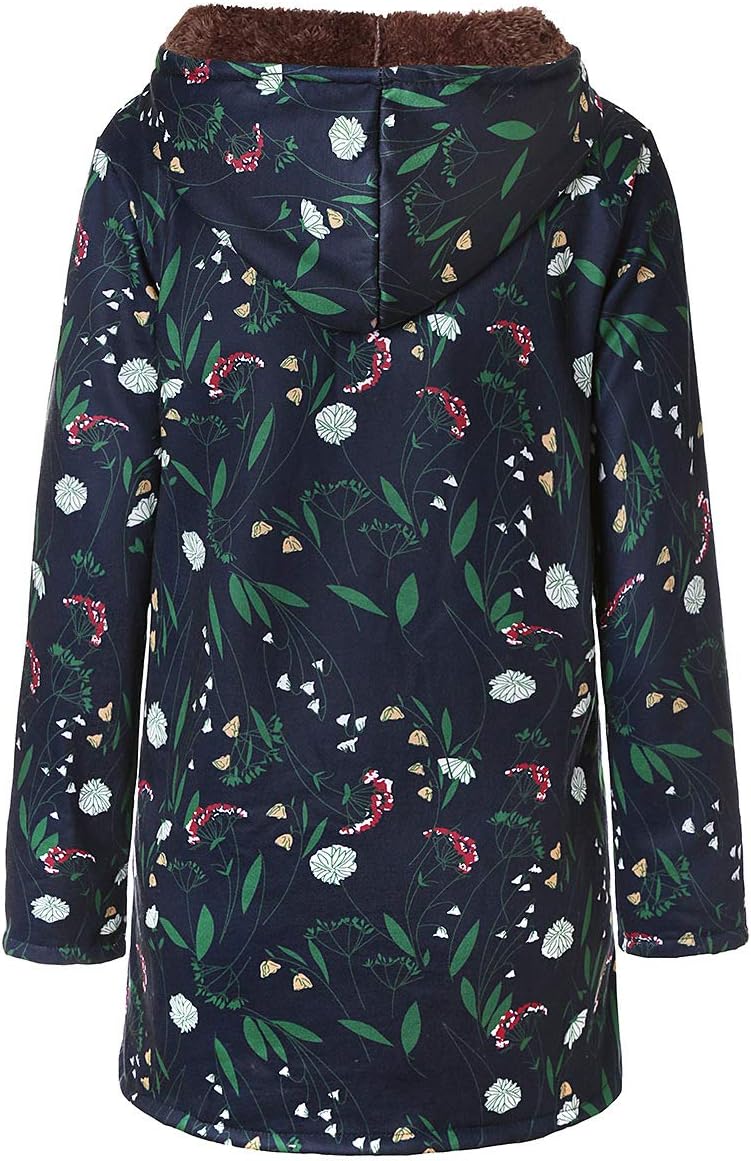 Women's Floral Fleece-Lined Hooded Coat Mid-Length Zipper Jacket with Pockets Warm Casual Outerwear for Fall Winter