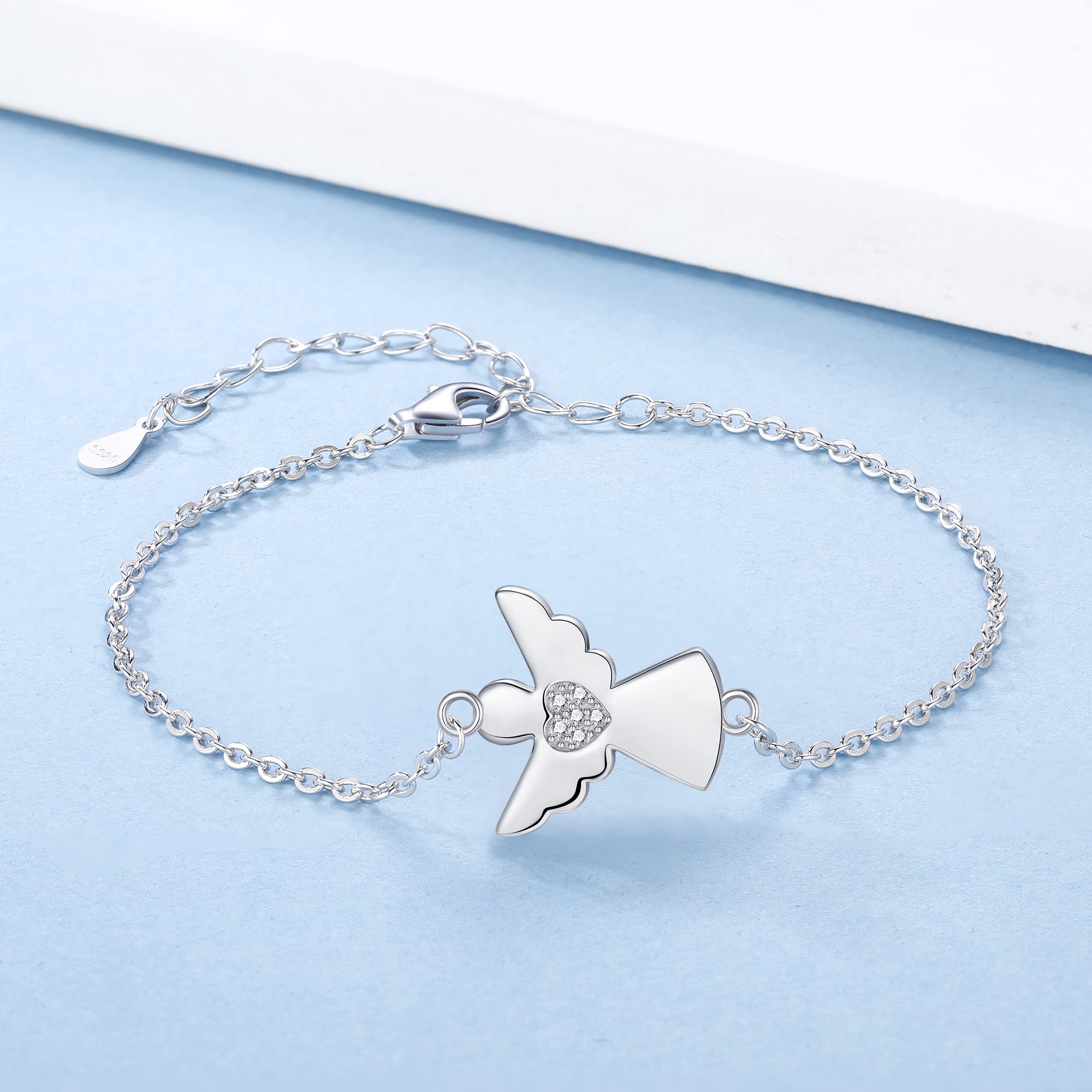 Jrêveinfini Pulsera de Ángel Guardián con Zirconitas Transparentes, Plata de Ley 925, Adecuada para Mujeres y Niñas