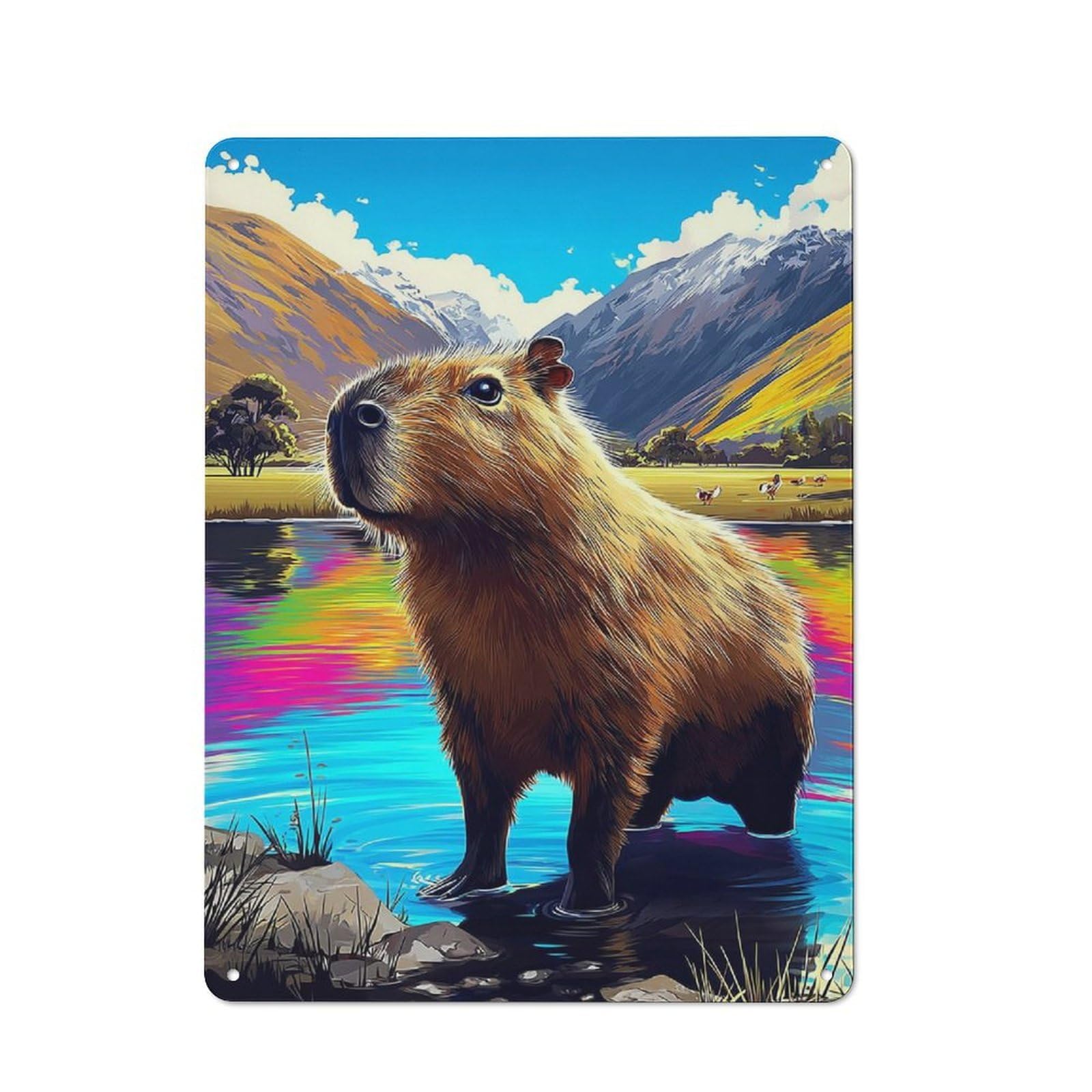 Classic Metal Plaque 40x30cm Featuring Capybara by The Lake-1, Bistro Wall Plaque for Kitchen, Cafe, Pantry Or Dining Room