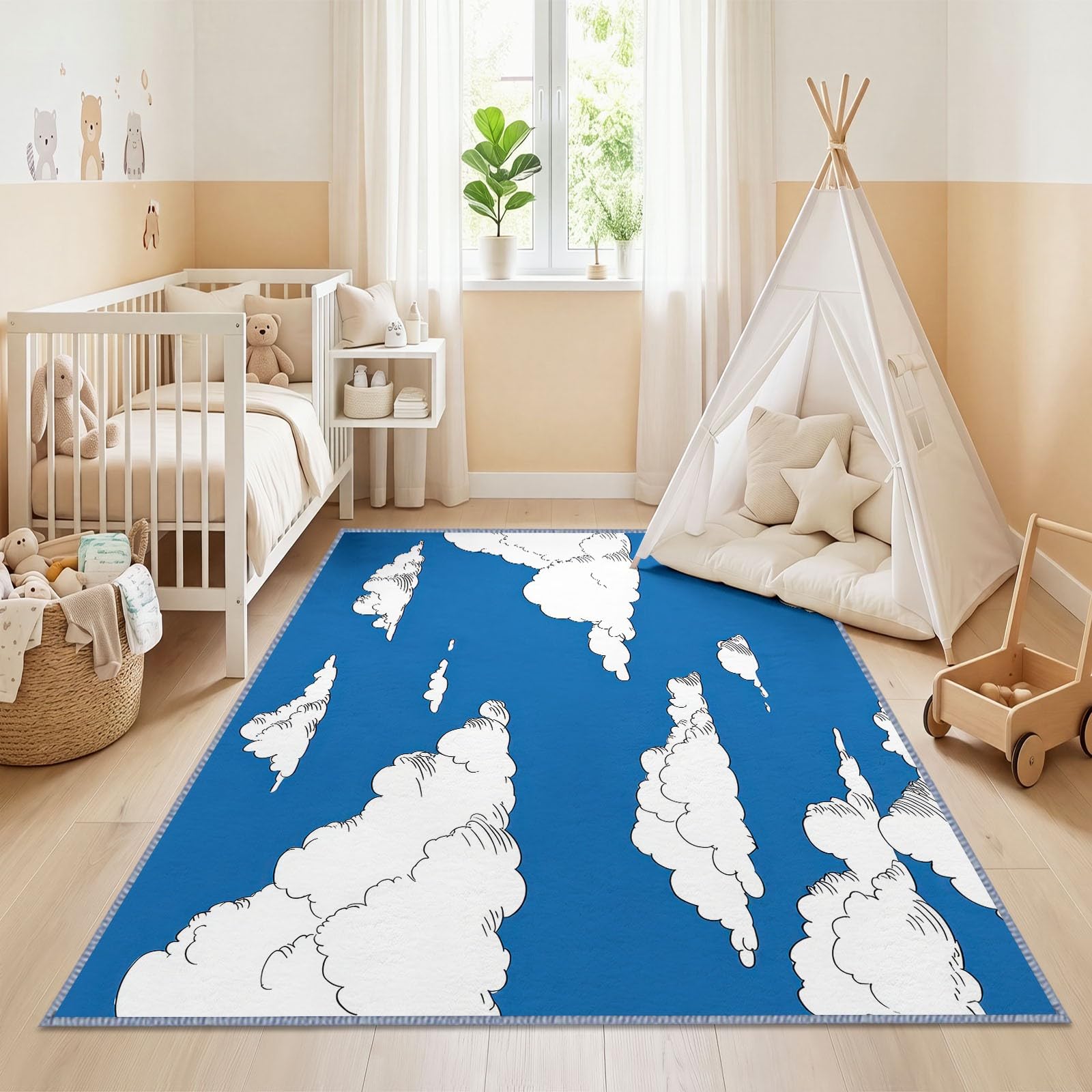 Tappeto lavabile in stile acquerello con cartoni animati per soggiorno, 80 x 150 cm, motivo: cielo blu, nuvole bianche, antiscivolo, a pelo corto, per camera da letto, sala da pranzo, cucina, casa e