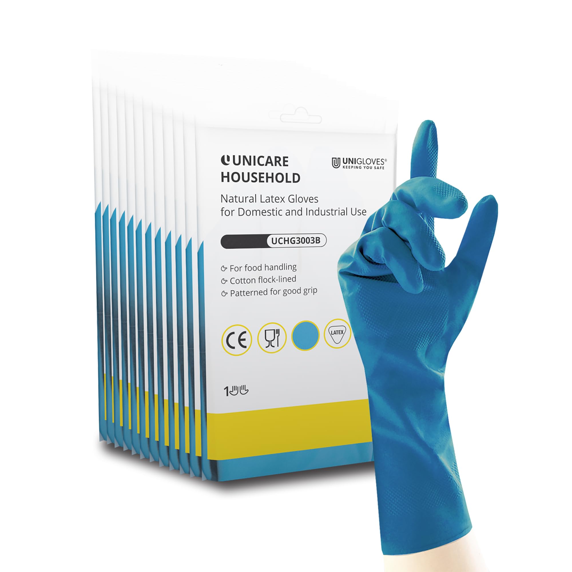 UNIGLOVES Unicare Household Blue - Latex Reusable Household Gloves for Cleaning, Washing up and Food Processing - 12 Pairs - Size XL