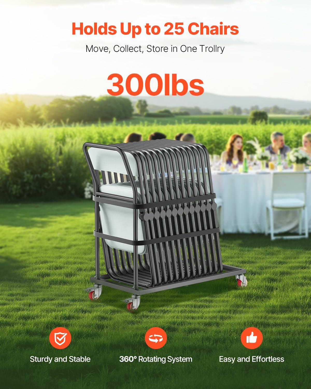 VEVOR Chariot de Chaise Pliante, Capacité de Charge 136 kg, Support en Métal Robuste pour 25 Chaises, Organiseur de Rangement Vertical Forme en L avec roulettes 360°, pour Salle à Manger, Noir Mat
