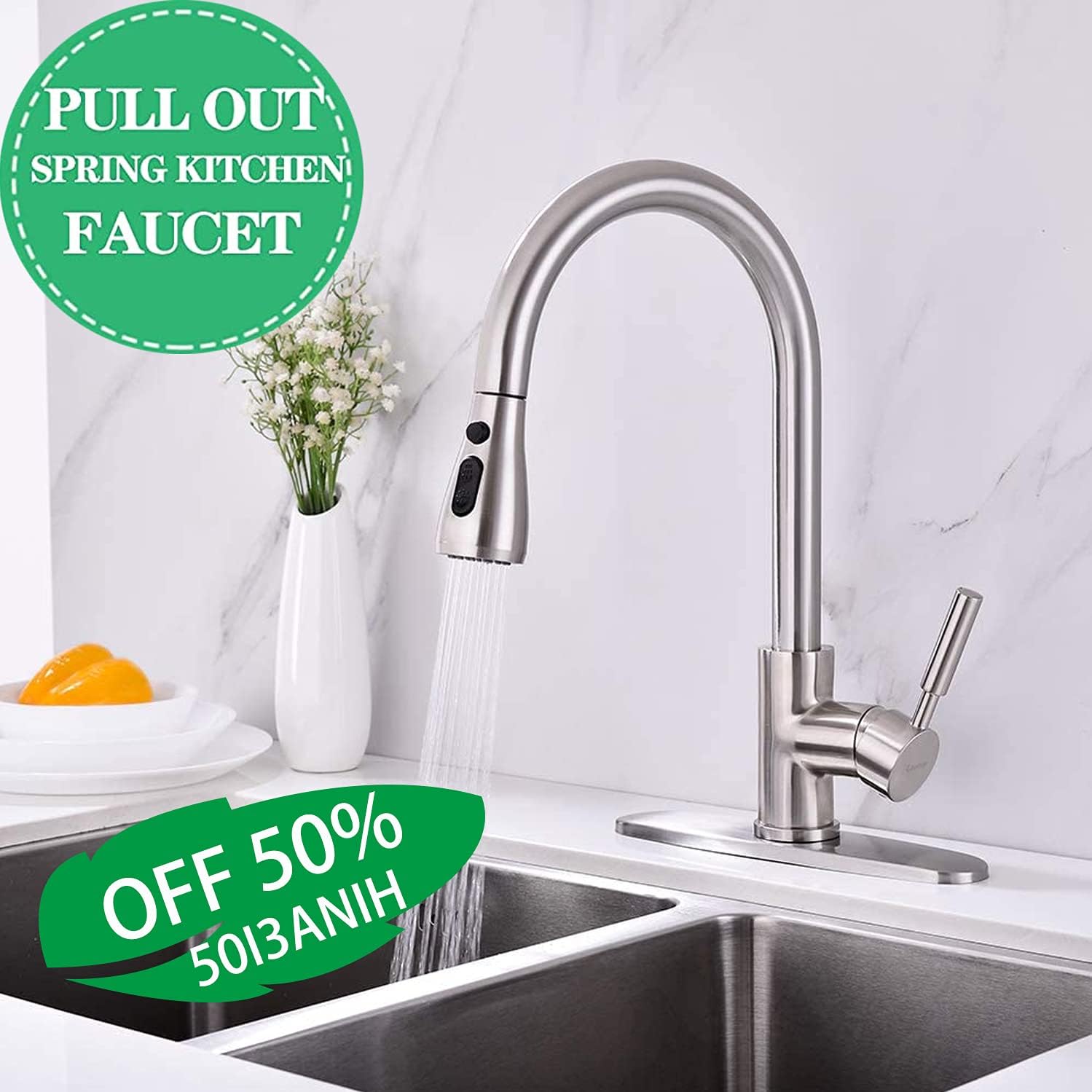 Best Cyber Monday 🔥 Leetcp Kitchen Faucet with Pull Down Sprayer, Pull Out Single Handle Kitchen Sink Faucet with Deck Plate, 15.35 high, Brushed Nickel (Brushed Nickle)
