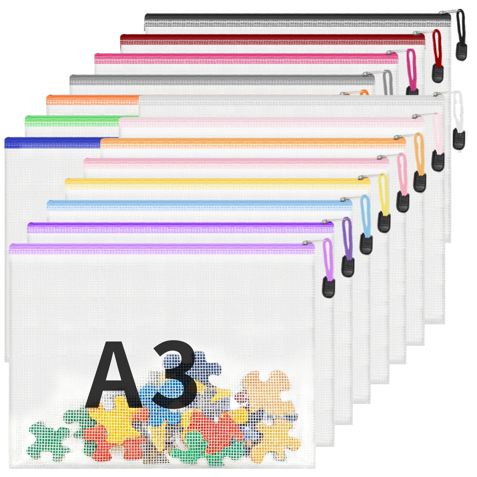 ReePlan 15 Pack A3 Mesh Zipper Pouch Bags, Large Waterproof Plastic Zip Wallets for Board Game Storage, Puzzle Organiser, Toy Storage, Travel Bag Organiser & Document Filing, 15 Colours (15 PACK)