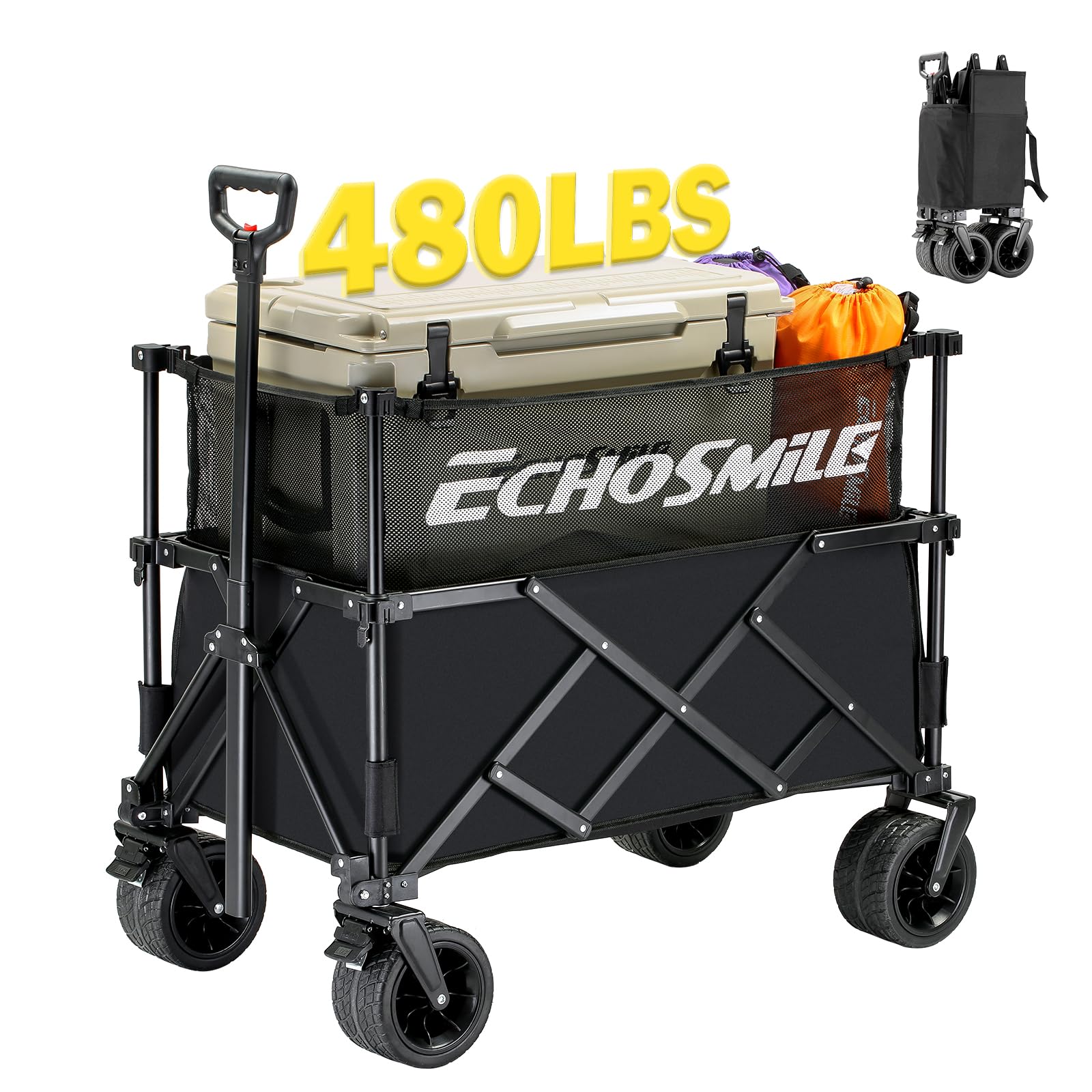 EchoSmile Collapsible Outdoor Utility Wagon, Beach & Camping Portable Cart, Heavy Duty 480lbs Capacity, 2-in-1 Elevating Folding Wagon with Mesh Fabric
