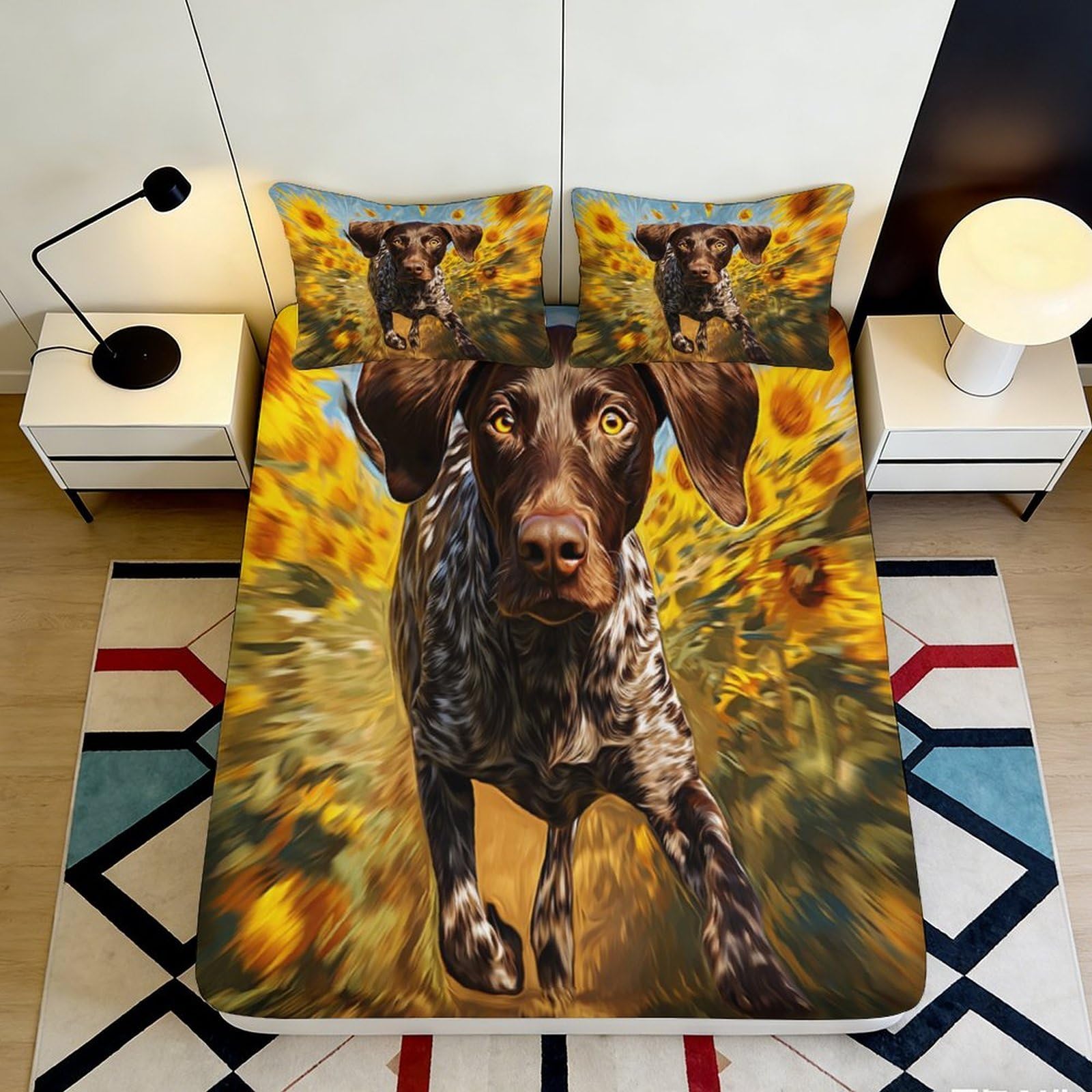 3D Printed Sunflower Field Hunting Dog Fitted Sheet Microfiber Deep Pocket Bedroom Bedding Sunflower Field Mattress Fitted Cover 90x200x25cm