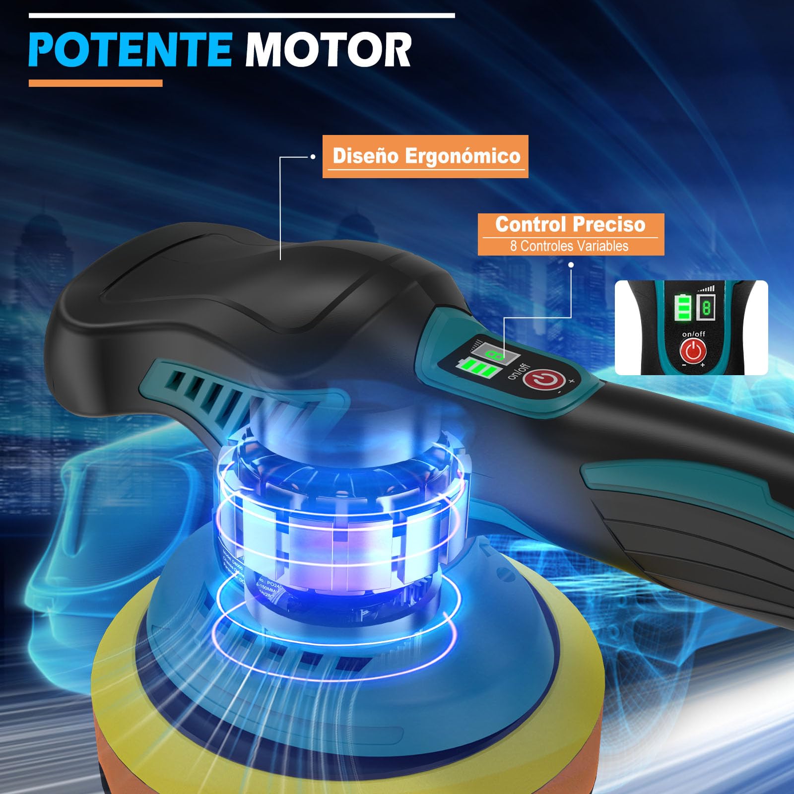 Pulidora Coche Inalambrica - 21V Pulidora Orbital Coche con 2 Baterías 4000mAh, 8 Velocidades Variables, 6000RPM, Pulidora Coche para Pulir, Encerar y Eliminar Arañazos del Coche