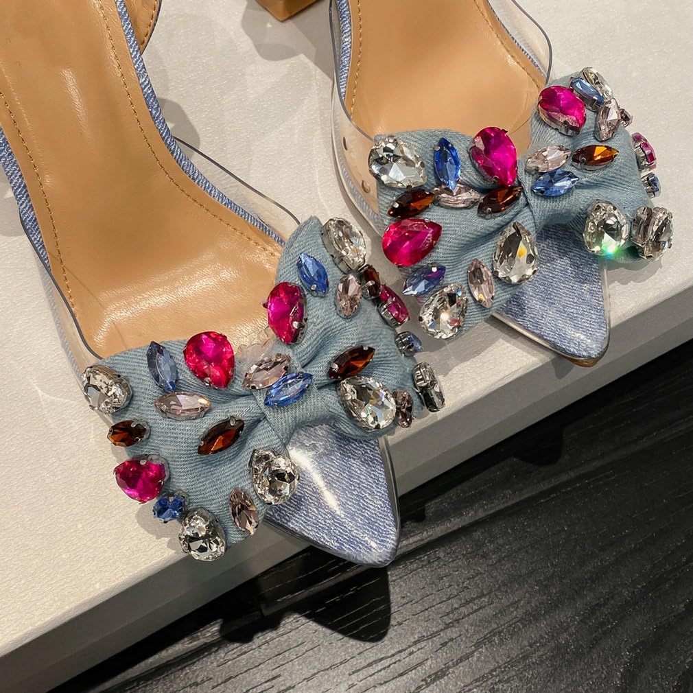 KOKOMOMO Womens Bow Rhinestone Pointed Toe Slingback Heels Clear Slingback Pumps