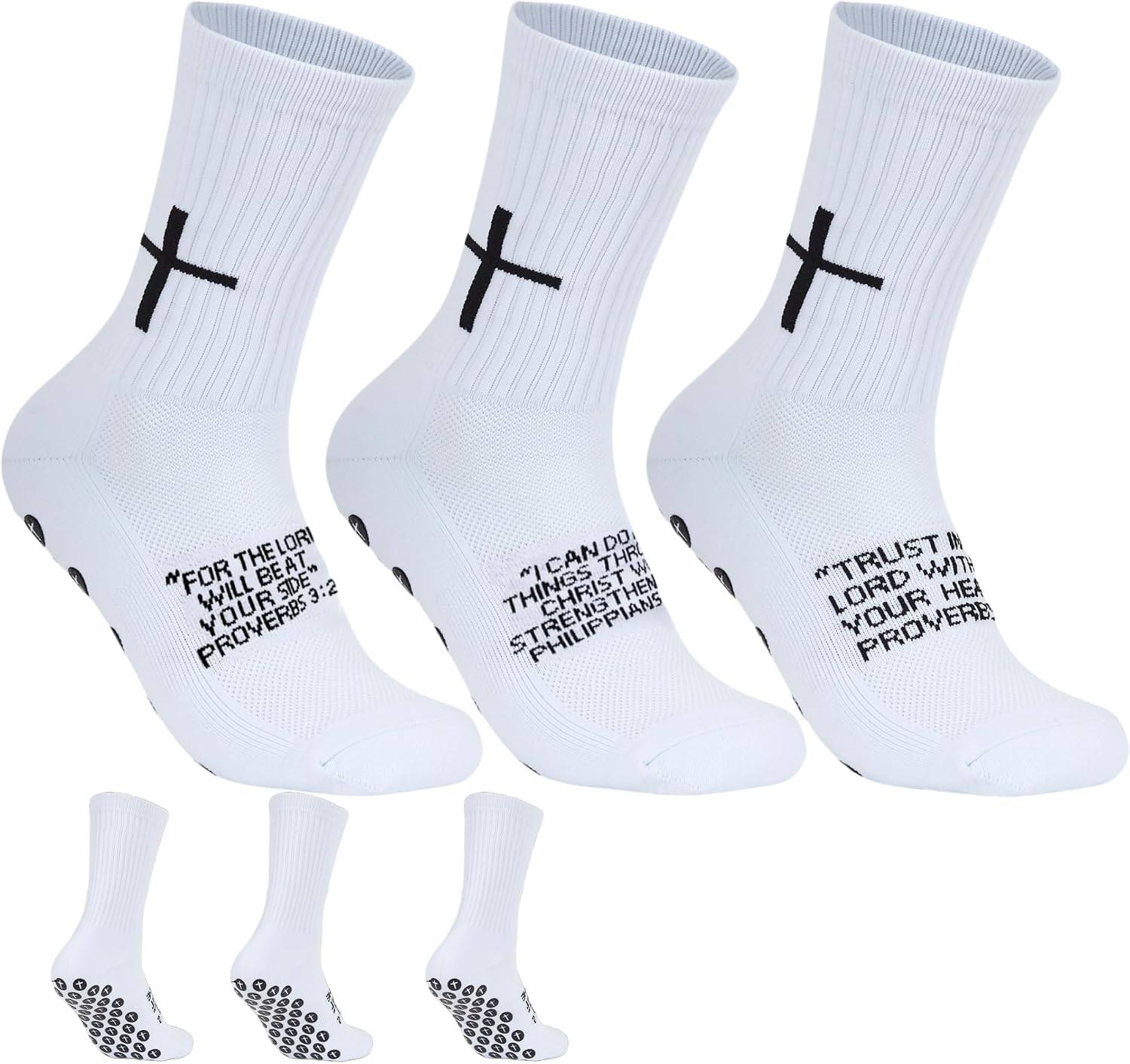 3/6 Pairs Cross Grip Soccer Socks for US 6-13 - Anti-Slip Christian Socks with Bible Verse, Jesus Sports Sock for Training