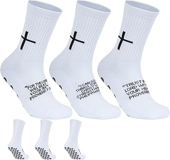3/6 Pairs Cross Grip Soccer Socks for US 6-13 - Anti-Slip Christian Socks with Bible Verse, Jesus Sports Sock for Training