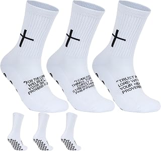 3 Pairs Cross Grip Soccer Socks for US 6-13 - Anti-Slip Christian Socks with Bible Verse