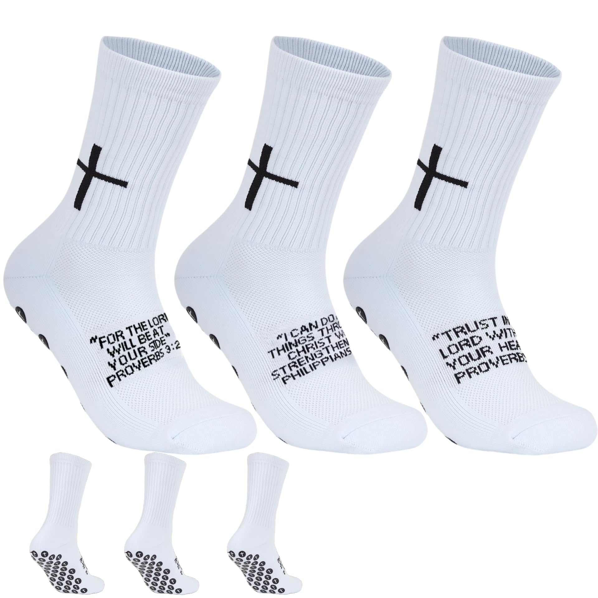 3 Pairs Cross Grip Soccer Socks for US 6-13 - Anti-Slip Christian Socks with Bible Verse, White, One Size