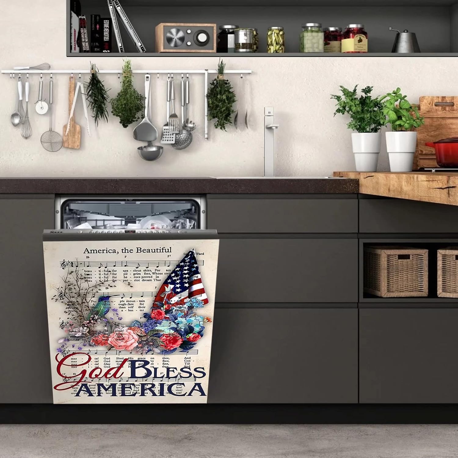 God Bless America Dishwasher Cover,Humming Bird Dishwasher Magnet for Front Decorative,Music Score Refrigerator Cover Magnetic Dishwasher Decal American Flag Appliance Fridge Sticker 23"x17"