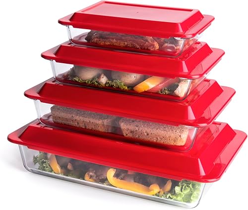 Miniatura 3 de Juego de 8 bandejas de vidrio templado para hornear con tapas sin BPA. Apto para horno, microondas, refrigerador y lavavajillas, 1 L, 1.7 L, 2.8 L,
