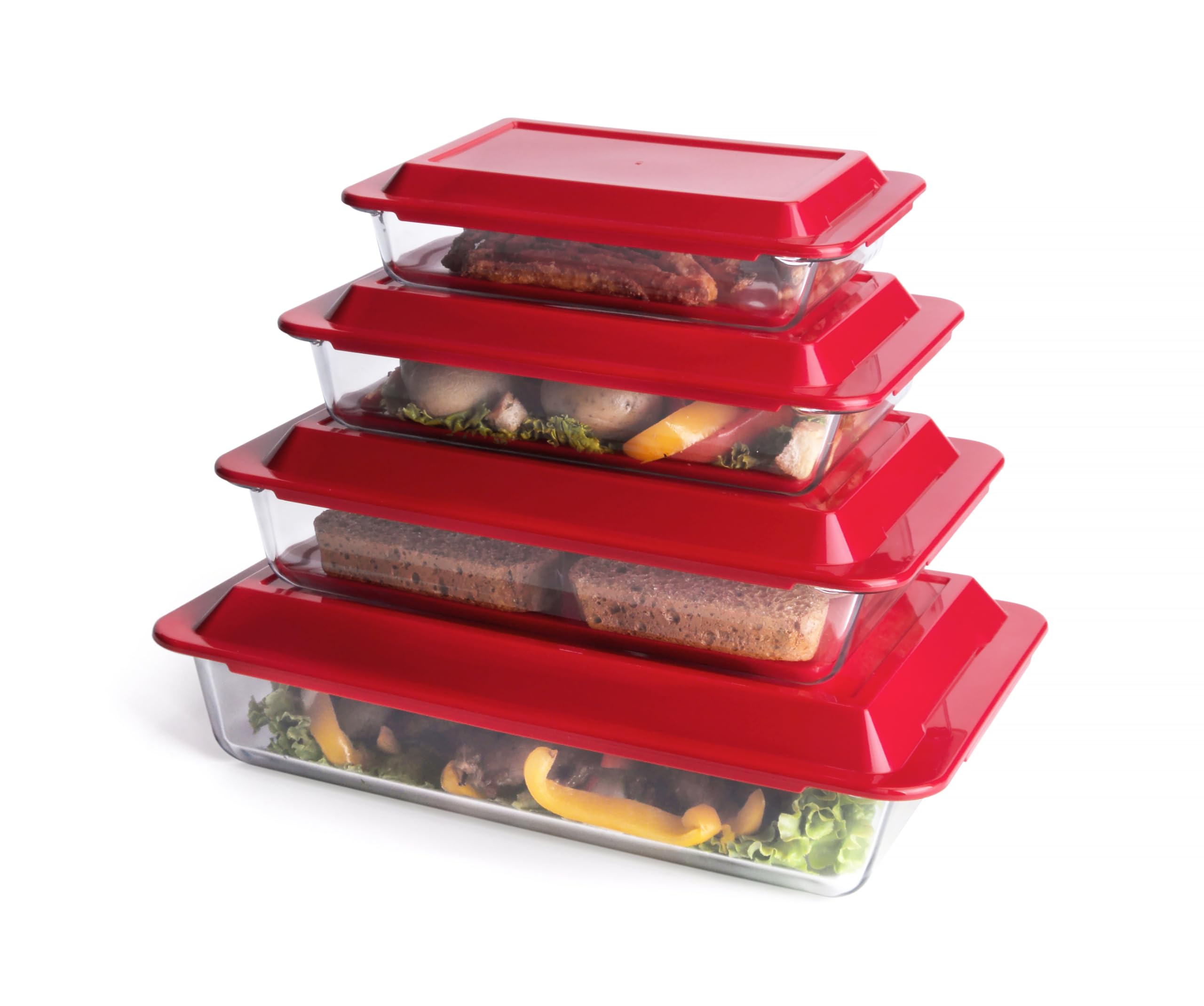 Set mit 8 rechteckigen Backformen aus gehärtetem Glas mit Deckel, Glas-Backformen, Auflaufform, Set mit Deckel, 1 l, 1,7 l, 2,8 l, 4,2 l