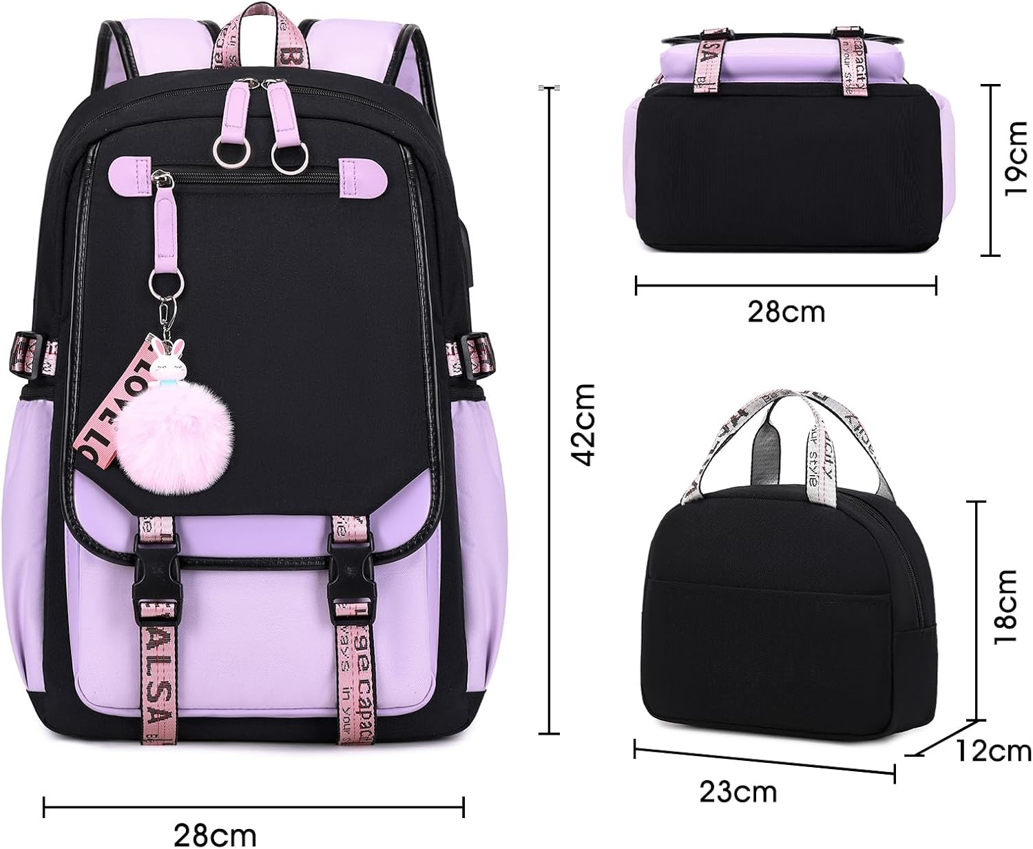 Bevalsa Backpack with Lunch Bag Bookbag Set for Girls Kids Middle High School College Student 21L Casual Daypack Children Schoolbag Bookbag with USB Charging Port (Purple)