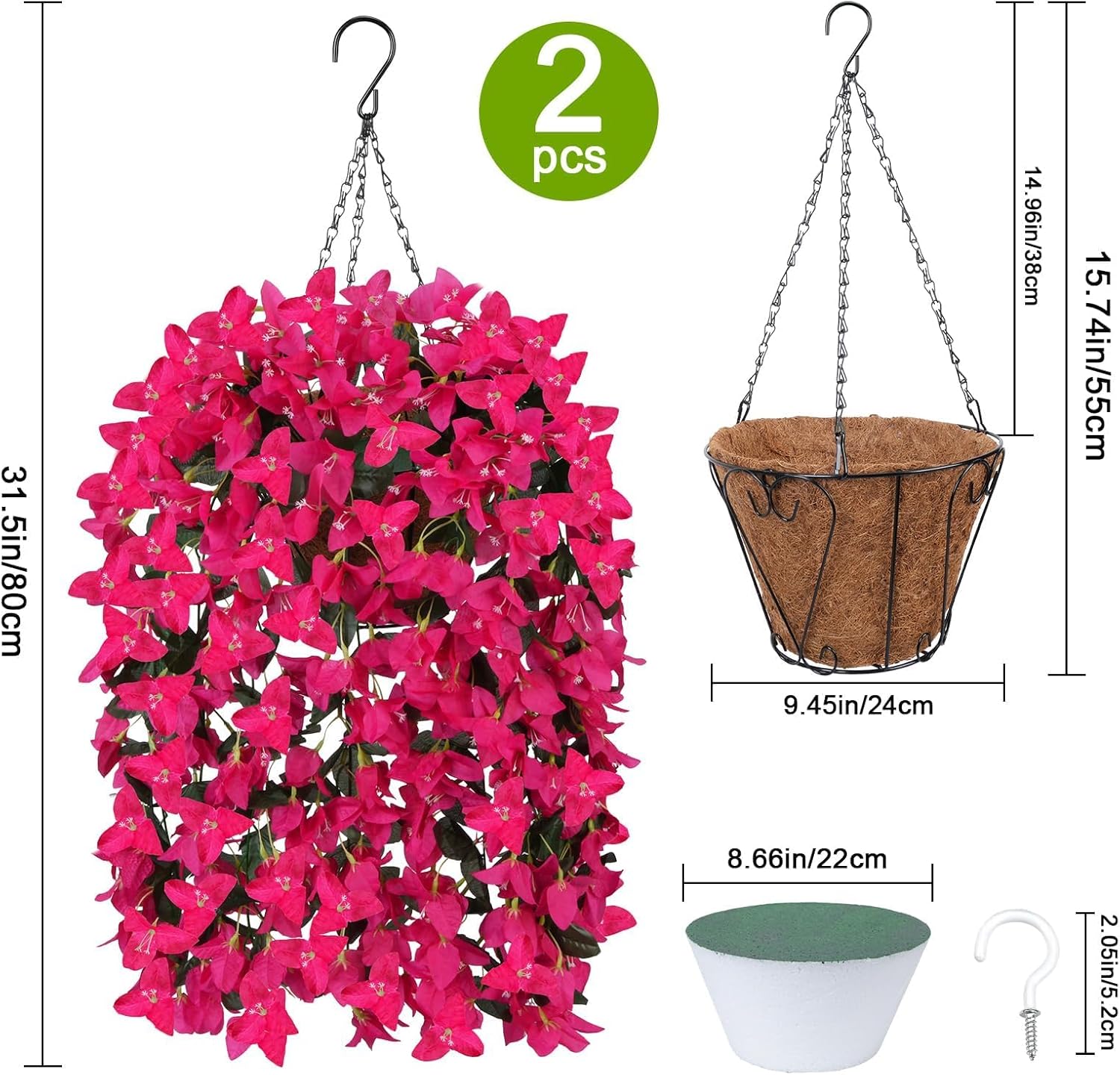 Zythrem Bougainvillea Artificial Hanging Flowers with Baskets for Outdoors Outside Decoration Pink 2 Set Silk UV Resistant Faux Hanging Flowers Plants for Porch Patio Garden Yard Home, Hotpink