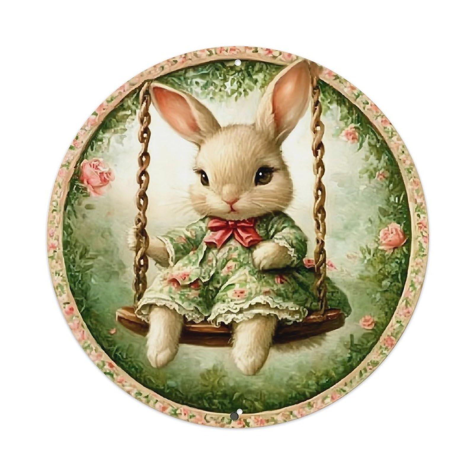 Rabbit In Dress On Swing Round Metal Tin Sign Vintage Wall Decor, Bar Garage Cafe Kitchen Home Wall Art Poster 8x8inches