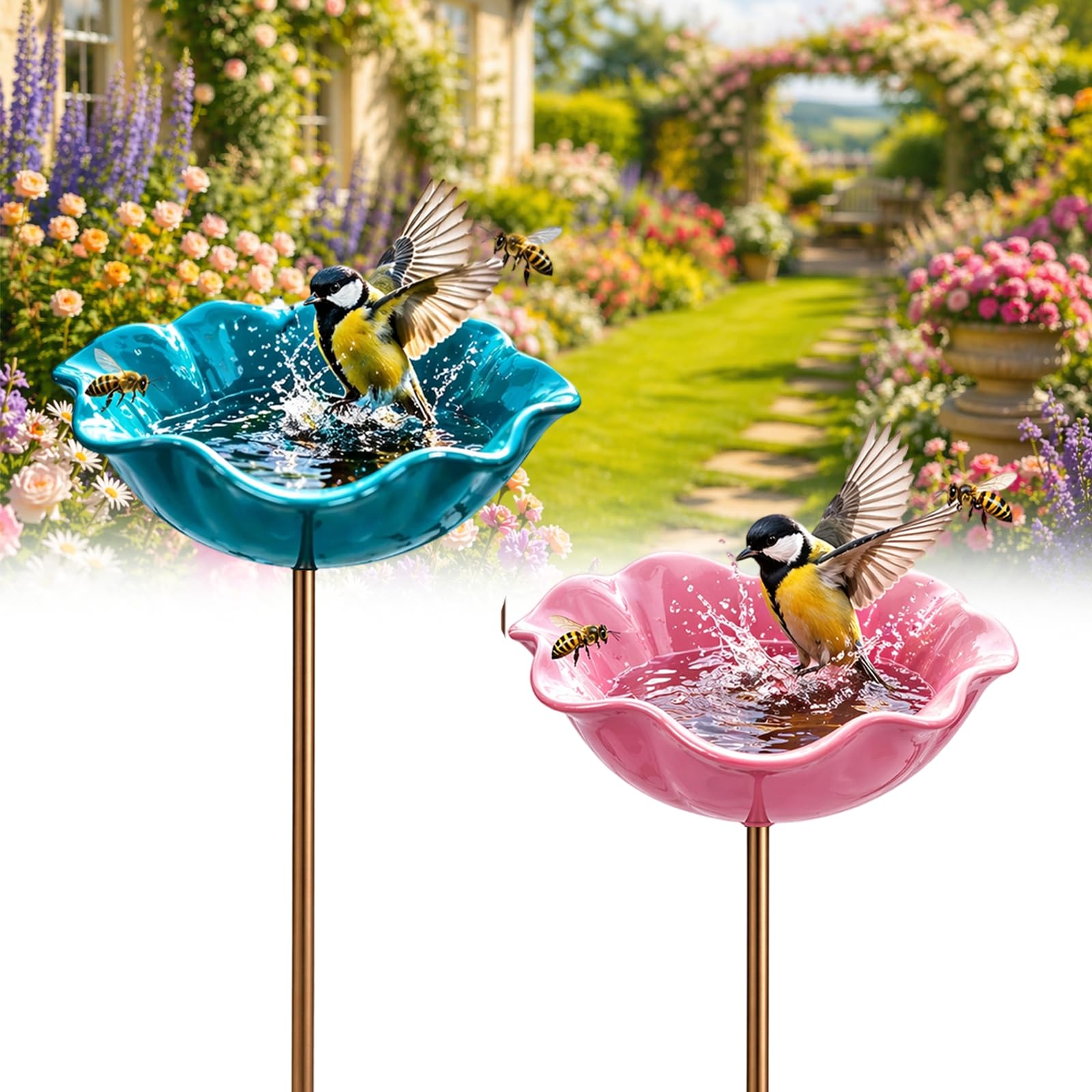 Handmade Metal Flower Garden Stake Bird Bath Bowl - Weather-Resistant Bee Watering Station & Flower Bird Feeder, Decorative Outdoor Metal Flowers for Yard Lawn Patio Decor (2Pcs-H)